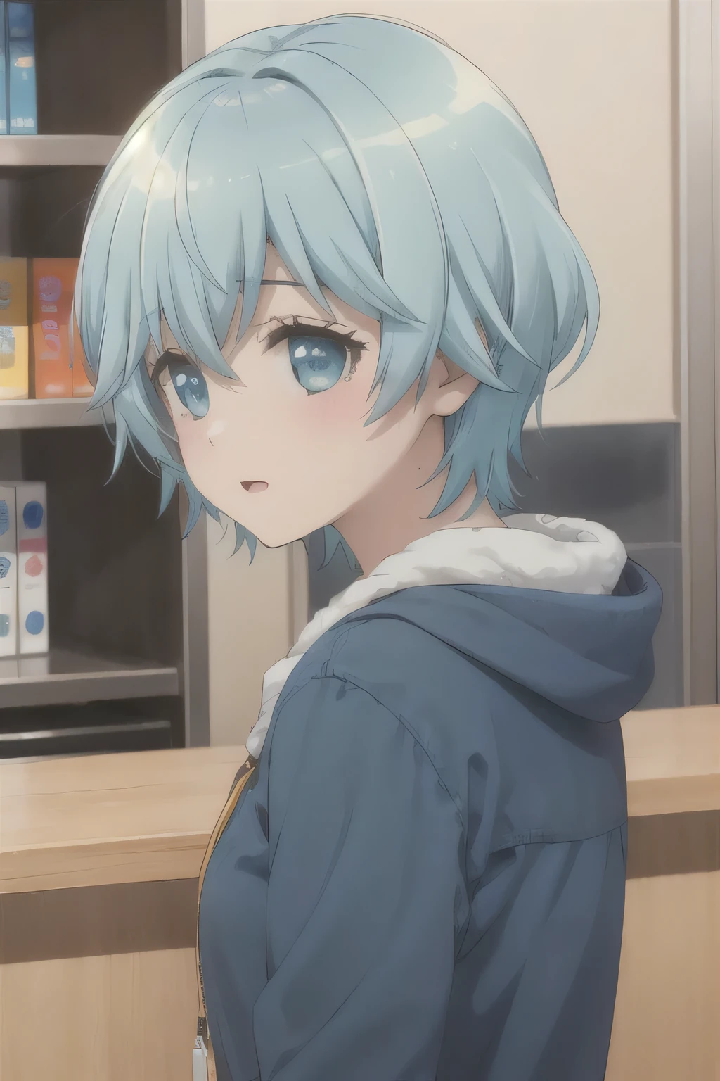 short hair，Blue Hair，Acting cute，A good girl，Social phobia