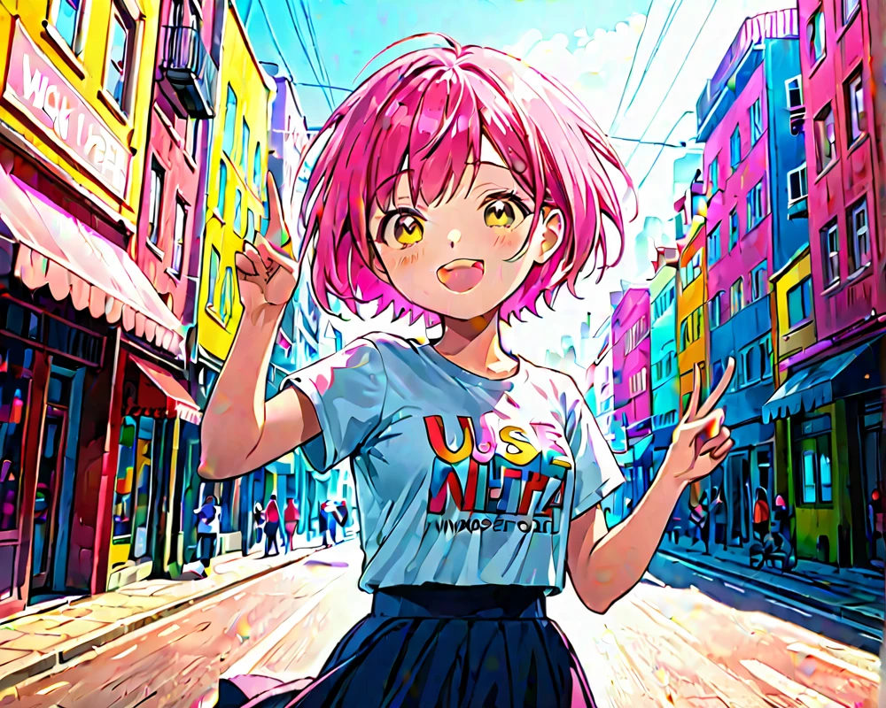 1girl, 4years , short hair, pink hair color, city, use tshirt and long skirt (important), laughing, wonderfull cinematic, vibrant, look at viewer, finger victory shape
