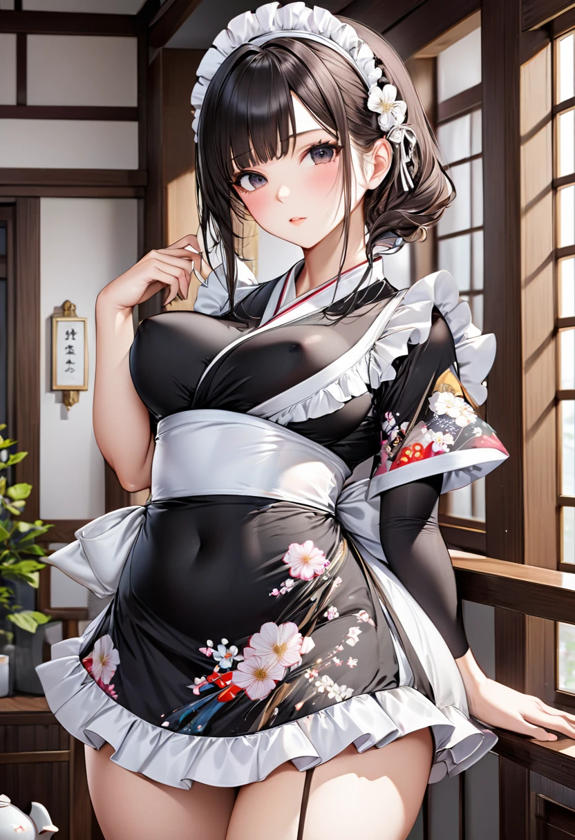 Young beautiful woman,(Highest quality,Extremely detailed depiction,Incredibly absurd high resolution,Anatomically accurate depiction,Nice hands, Perfect Fingers,Curvy Legs)(Japanese style maid),(A gorgeously patterned kimono,Maid clothes,Maid&#39;s Headband,pantyhose,latex),eyelash,Brightly glowing purple eyes,There is cleavage in the chest,Black Hair,Perfect body,Leaning forward,From above,background:Japanese-style room