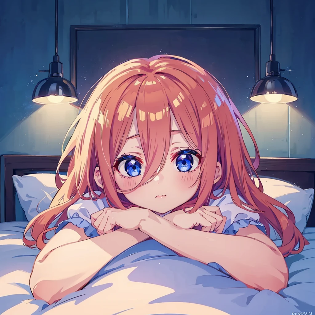 Beautiful cute girl, cute dress, extreme detail, high ray tracing, 8k, 4k, highest resolution, photography, high detailed lighting, perfect face, bedroom, miku nakano, laying on bed, fluffy red brown hair, hair across face, blue eyes, blue headphones