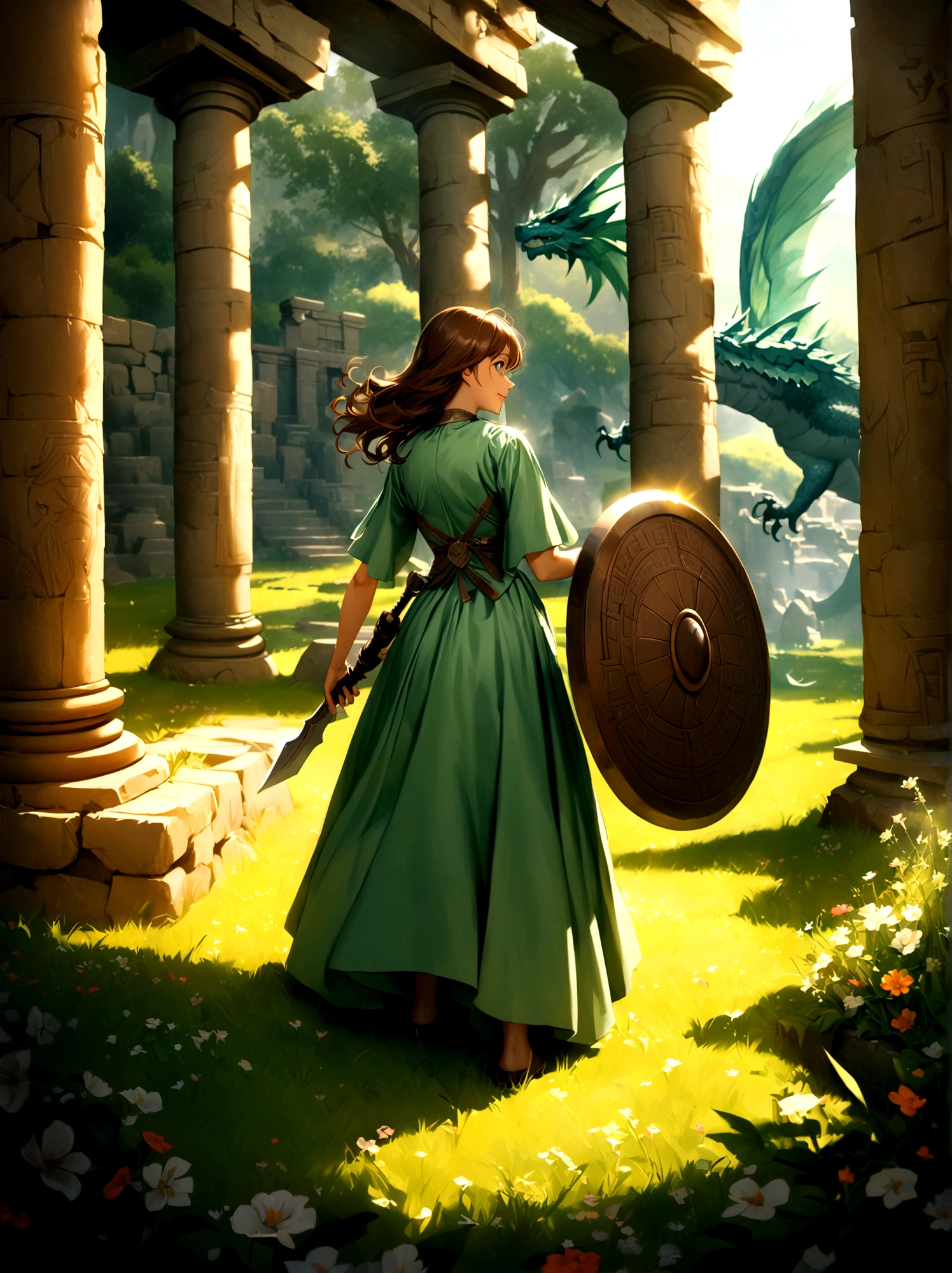 Adventurer princess, (green dress:1.2), short brown hair, big eyes, smiling, holding sword and shield, ancient temple, mysterious maze, mysterious runes, old stone tablet, green grass, (flowers:1.1), magical elements, flying dragon, mysterious creatures, charming scenery, dynamic battle, dreamy atmosphere, outdoor, rich colors, epic scene, fine and delicate light and shadow, evening, sunny, full body, from above, nice hands, perfect hands, 8k, Best quality, photorealistic