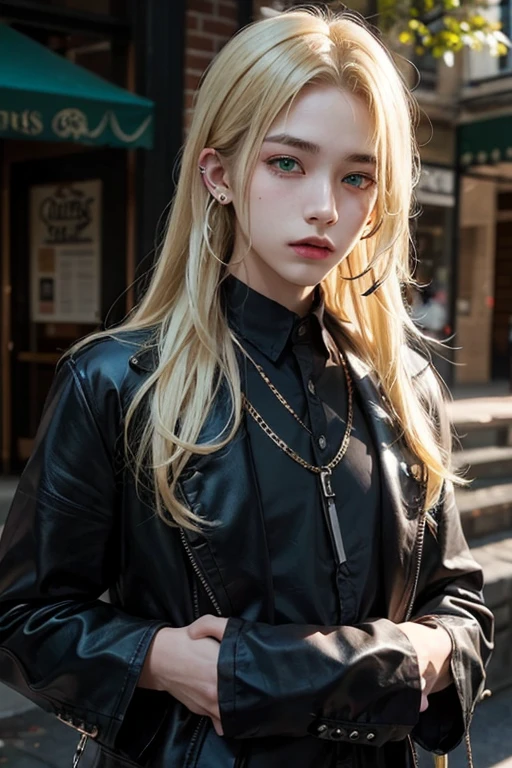A blond male boy teen with long blonde hair and tired green eyes. Goth clothes, several piercings
