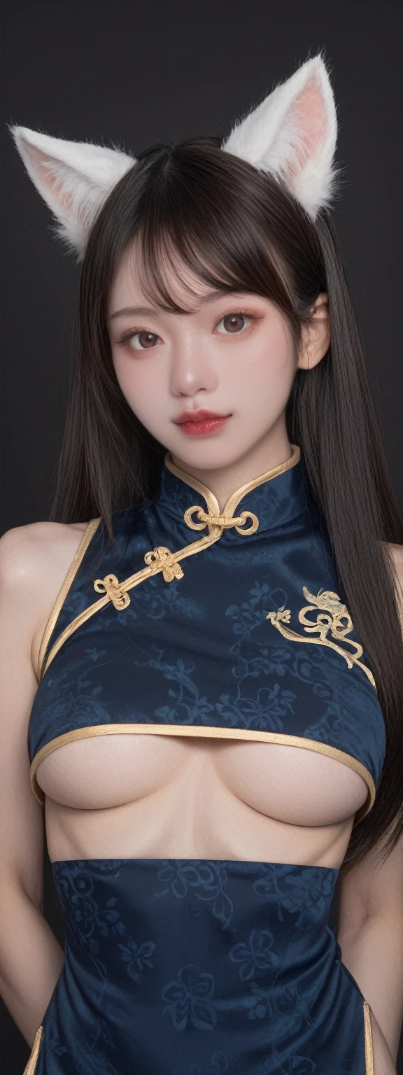 realistic,score_9, score_8_up, score_7_up,
1girl, (upper body:1.5), solo, long hair, gloves, dress, animal ears, chinese clothes, china dress, from front, UnderBoob,