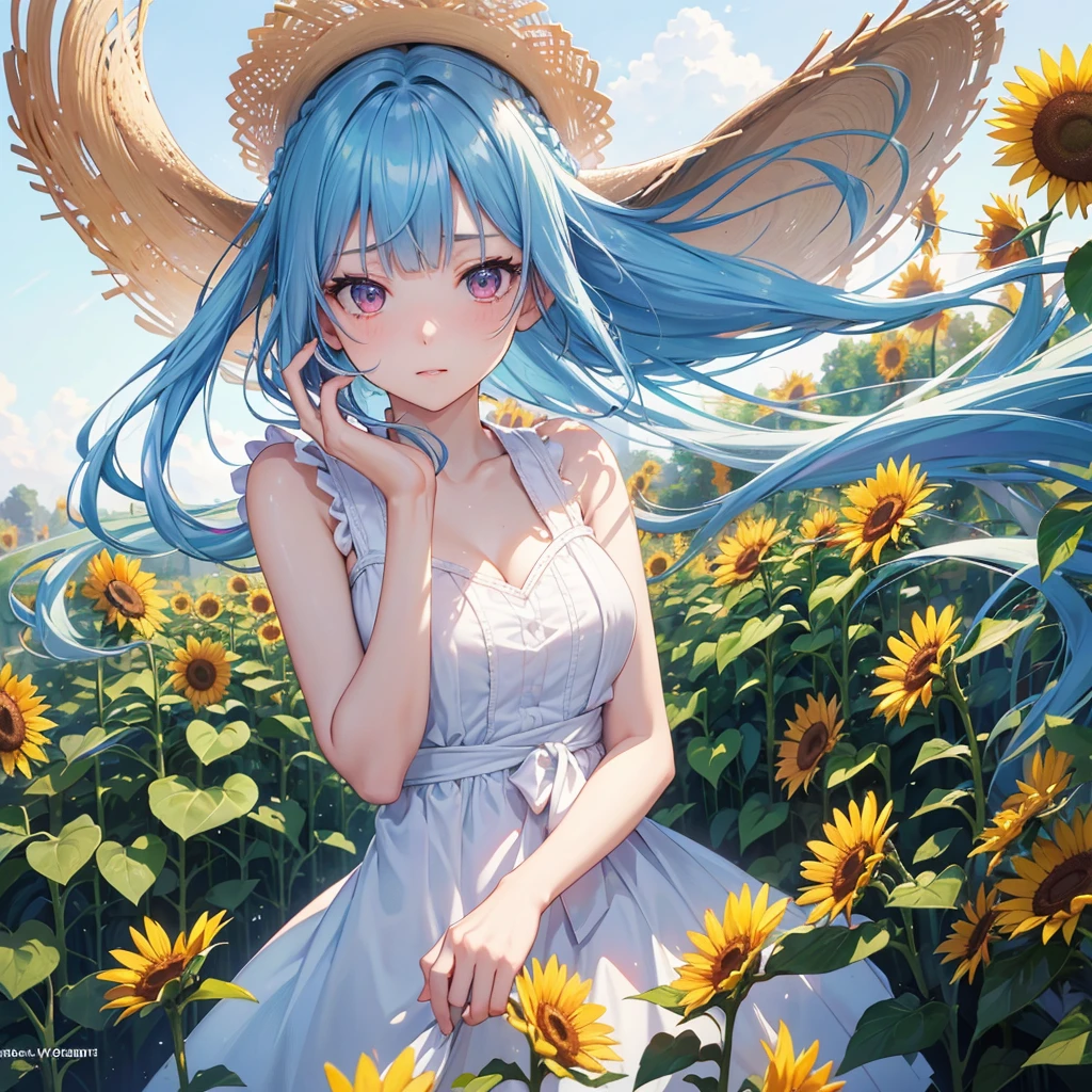Sky blue hair,braid,(Pink Eyes),Fair skin ,(whole body),(One girl),buzzer,Sunflower field,White dress,blunt bangs,Wiping away sweat,wink,Straw hat,(masterpiece, Highest quality, Very detailed, Best Shadow), (Detailed Background), (Beautifully detailed face), High Contrast, (Best lighting, Very delicate and beautiful), ((Cinematic Light)), colorful, Hyper Detail, Dramatic Light, Intricate details,buzzerの暑い日差し,
