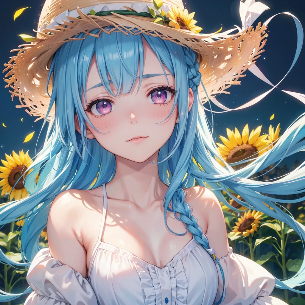 Sky blue hair,braid,(Pink Eyes),Fair skin ,(whole body),(One girl),buzzer,Sunflower field,White dress,blunt bangs,Wiping away sweat,wink,Straw hat,(masterpiece, Highest quality, Very detailed, Best Shadow), (Detailed Background), (Beautifully detailed face), High Contrast, (Best lighting, Very delicate and beautiful), ((Cinematic Light)), colorful, Hyper Detail, Dramatic Light, Intricate details,buzzerの暑い日差し,