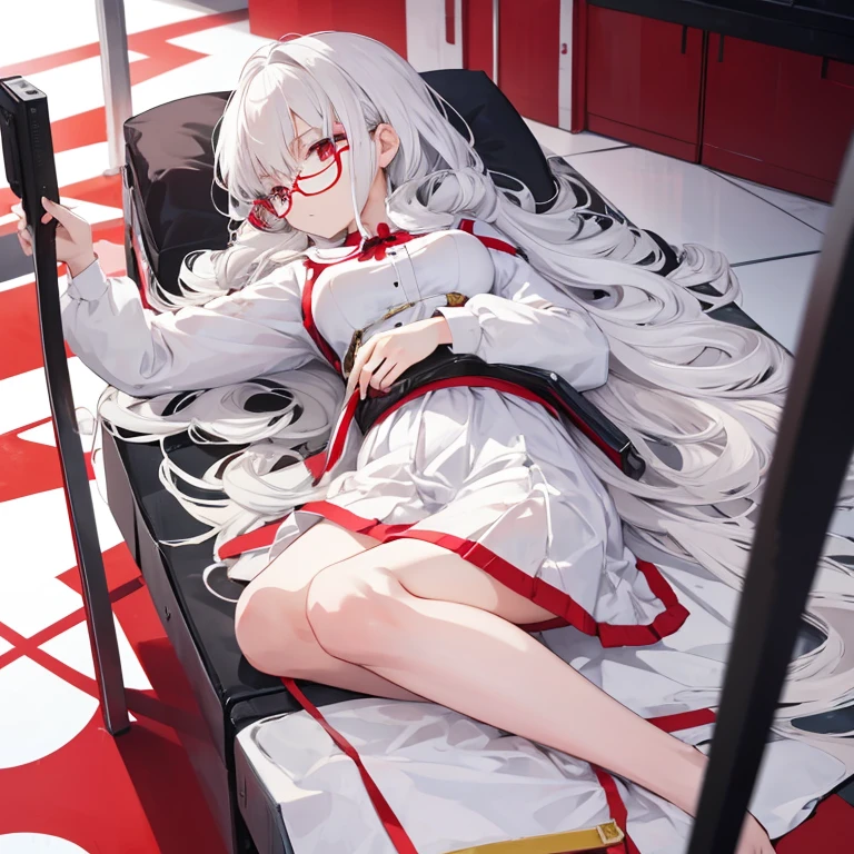 masterpiece , ( lite white short hair:1.2), (red eyes:1.2) , (8k, best quality 1.2), ultra-detailed, 8k uhd, soft lighting, high quality, film grain, beautiful lighting, cinematic ,perfect body , best illumination, best shadow, sharpness, contrast, red glasses, absurdres high detailed face, seen from above in spacesuit, space, floating, wide angle lens distortion, red eyes, handcuff, Lift your legs and hang in the air to show the soles of your feet, M-shaped legs, Lie down with your hips turned away, Sole of one's feet, Clothes melt