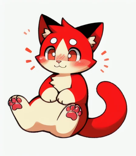 cat white, style cartoon, slenderbody, large, expressive eyes, two letters "With" lying on each cheek in red, indicating shame, slightly pink cheeks, embarrassed expression, large, pointed ears, long fluffy tail, completely white body, short and smooth fur, sitting in a shy pose, front paws together, head slightly tilted down, simple and clean environment.
