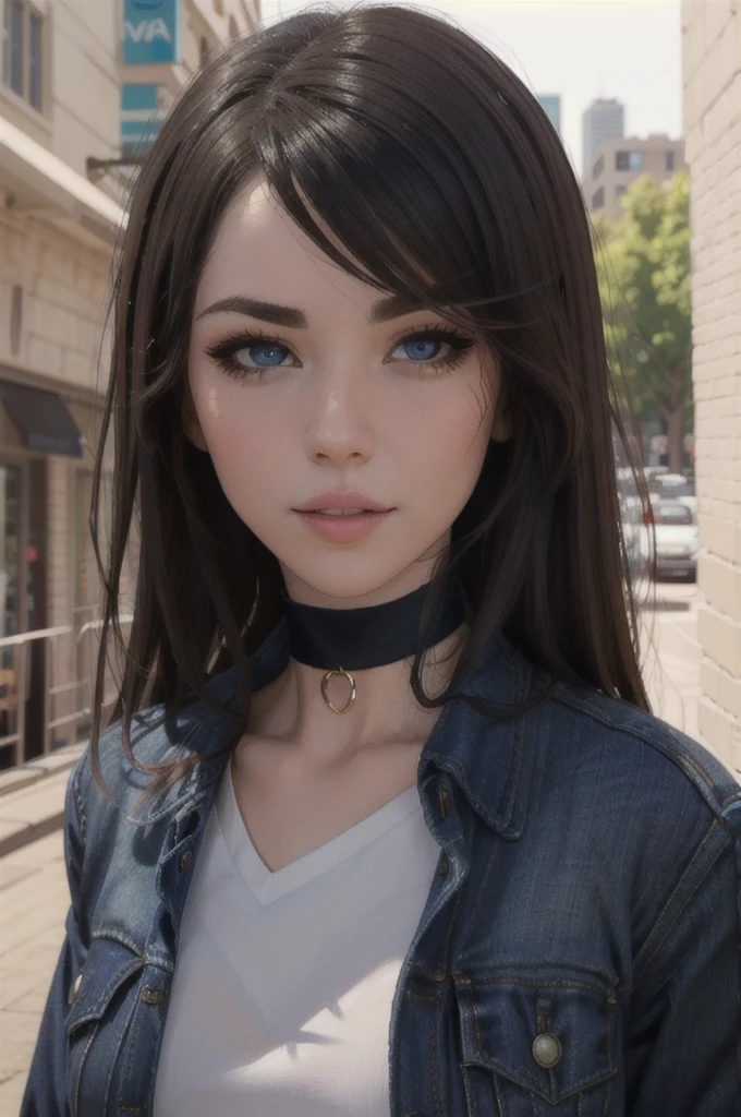 looking at viewer, (portrait, close up:1.2), parted lips,
emilygreyodd, 1girl, lips, black hair, blue eyes, makeup, black choker, jewelry, jean jacket, white shirt, small breasts,
realistic, picturesque, outdoors, backlit, city skyline, depth of field,
