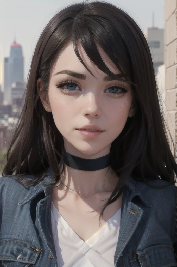 looking at viewer, (portrait, close up:1.2), parted lips,
emilygreyodd, 1girl, lips, black hair, blue eyes, makeup, black choker, jewelry, jean jacket, white shirt, small breasts,
realistic, picturesque, outdoors, backlit, city skyline, depth of field,
