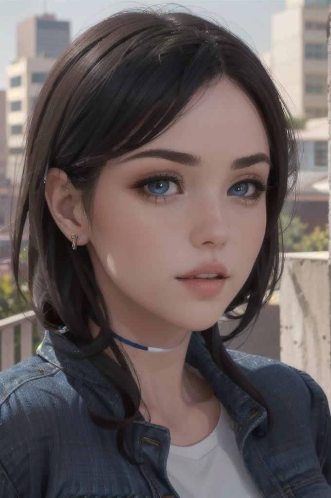 looking at viewer, (portrait, close up:1.2), parted lips,
emilygreyodd, 1girl, lips, black hair, blue eyes, makeup, black choker, jewelry, jean jacket, white shirt, small breasts,
realistic, picturesque, outdoors, backlit, city skyline, depth of field,
