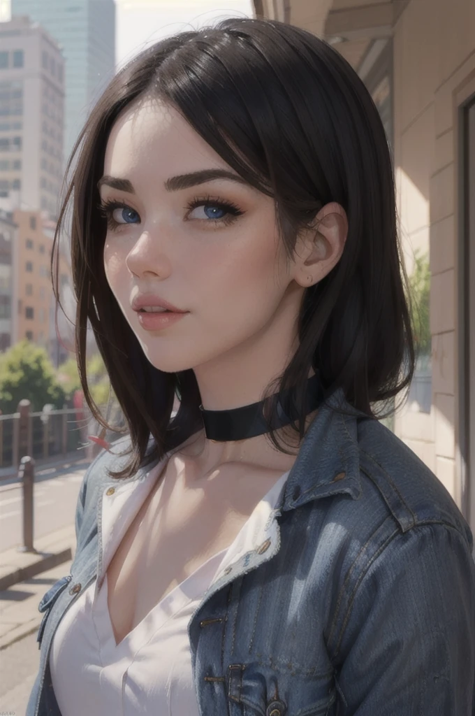 looking at viewer, (portrait, close up:1.2), parted lips,
emilygreyodd, 1girl, lips, black hair, blue eyes, makeup, black choker, jewelry, jean jacket, white shirt, small breasts,
realistic, picturesque, outdoors, backlit, city skyline, depth of field,
