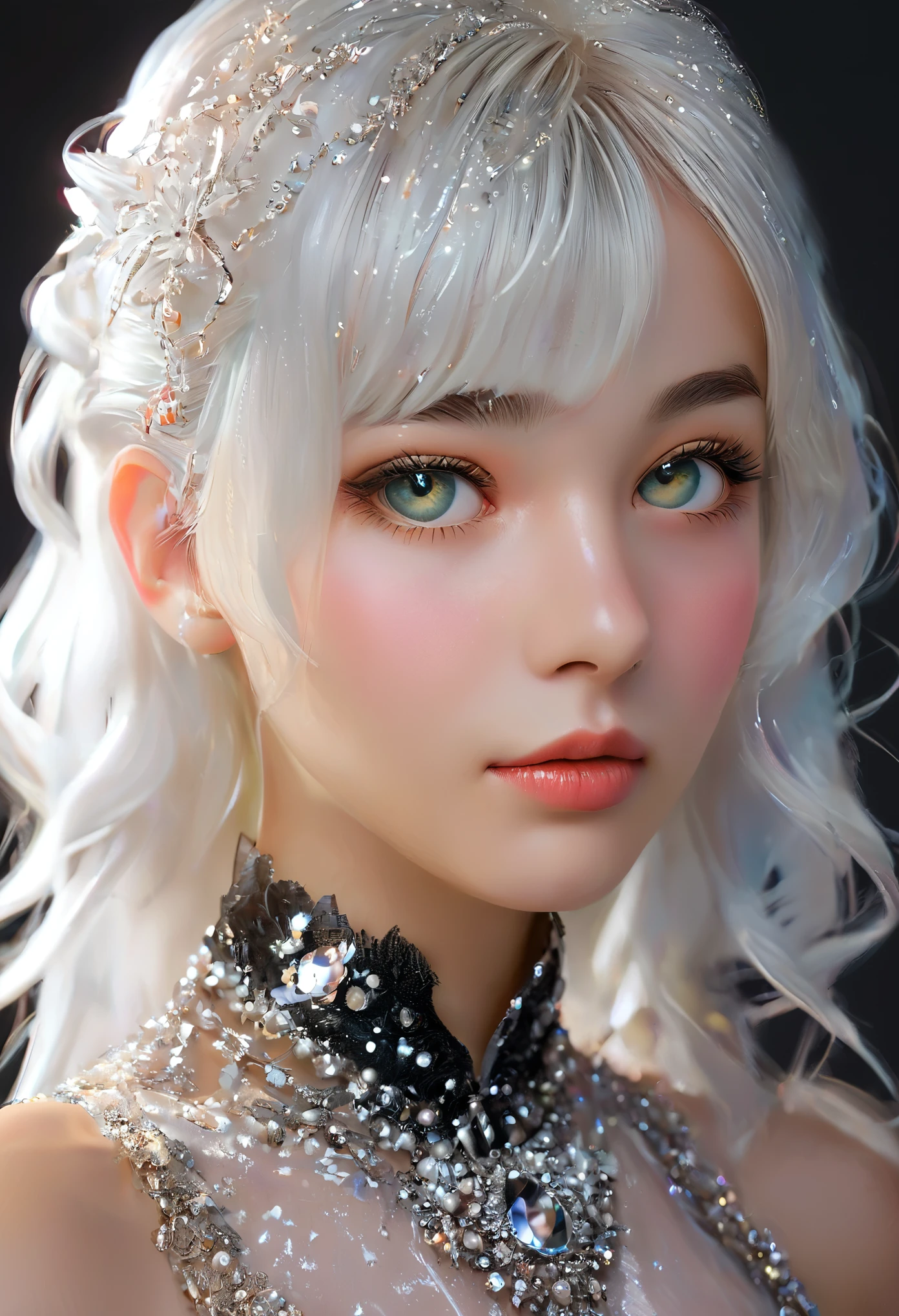 Highest quality,A perfect masterpiece,Perfect artwork,Official Works,8K,, (Upper body portrait:1.3),((View from the side:1.5)),Close-up lens,Delicate face,, 17 years old,White Hair Girl,(hakuhatsu:1.5),Short and medium hair,((White, clear eyes:1.5)),(White Dress:1.2),(Transparent clothing:1.2),(Black background:1.3),, The illusion of pearls,cyber punk,Fashion Trends,3s material,High resolution,Detailed Expression,C4D,3d,Octane Rendering,Ray Tracing,Intricate details,illumination,OCrenderer,