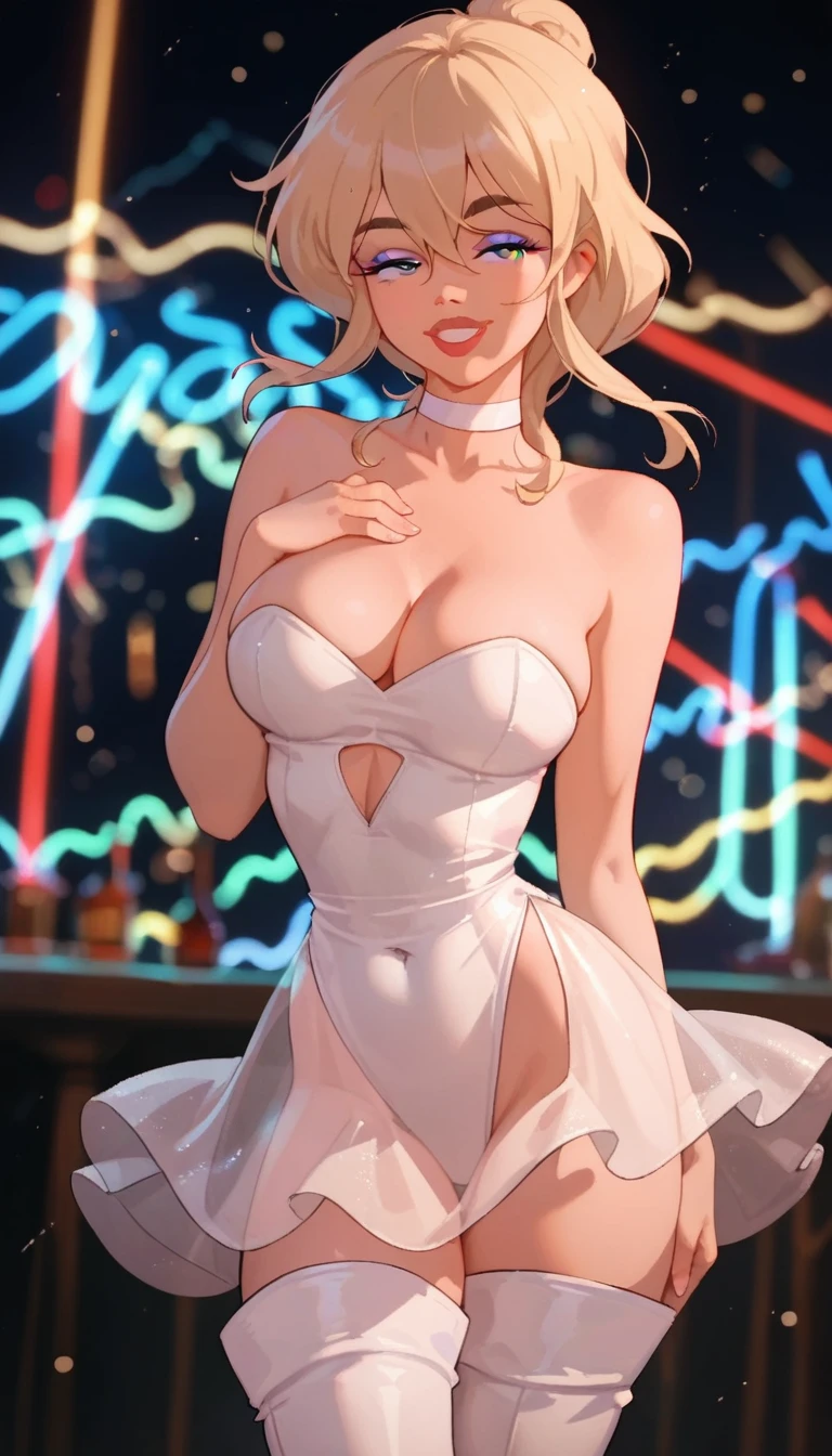 score_9, score_8_up, score_7_up,score_6_up, large breasts,1girl, solo,HolliW, makeup, blonde hair, bangs, side locks, thick eyebrows, hair between eyes,curvy, White see-through dress, white leotard, white choker, thigh boots, bar \(place\), neon lights, light particles, grin, half-closed eyes, dim_lighting, 