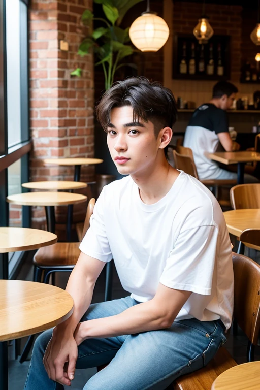 A man in his 20s with a sporty very short hairstyle、A face full of kindness、White T-shirt and jeans outfit。Sports Club。
Sitting in a fashionable café。Drinking coffee。Not looking at the camera。Looking out the window。