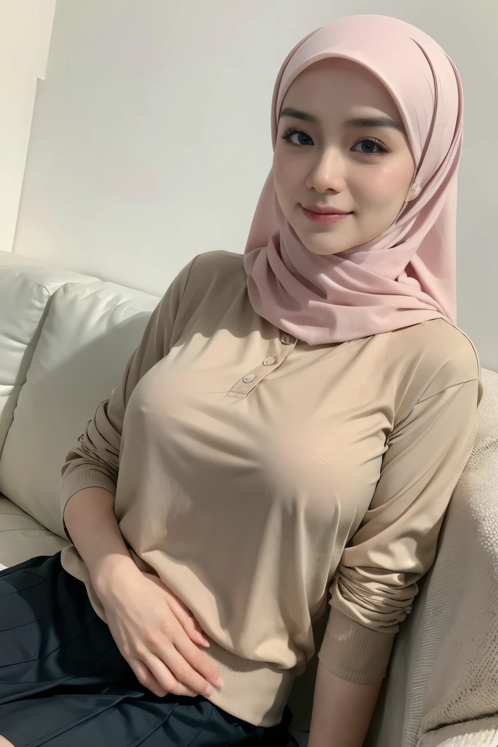 (4k, very realistic, soft light, muted colour), 23 year old asian girl, very pretty girl with youthful face, wearing a pink stylish hijab, wearing beige V neck button up shirt, (shirt tucked in),  (wearing black pleated long skirt), sitting on sofa at office, hands on hips,  (white background), slim body, huge , (very huge breast 1.6), kawaii, shot from front, realistic photography, professional model