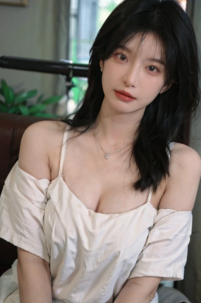 Film portrait photography, 1 girl, bare shoulders,lipstick，（flat chest：1.4）， Shoulder length wavy hair, wear necklace，scarf，earrings，short sleeves，serene, calm, (Realistic and detailed eyes, natural skin texture, Realistic facial details), Soft dramatic lighting, depth of field, Bokeh, big breasts，Areola，split，cleavage，Vibrant details, Detailed and detailed, surreal, 35mm film, hazy, ,