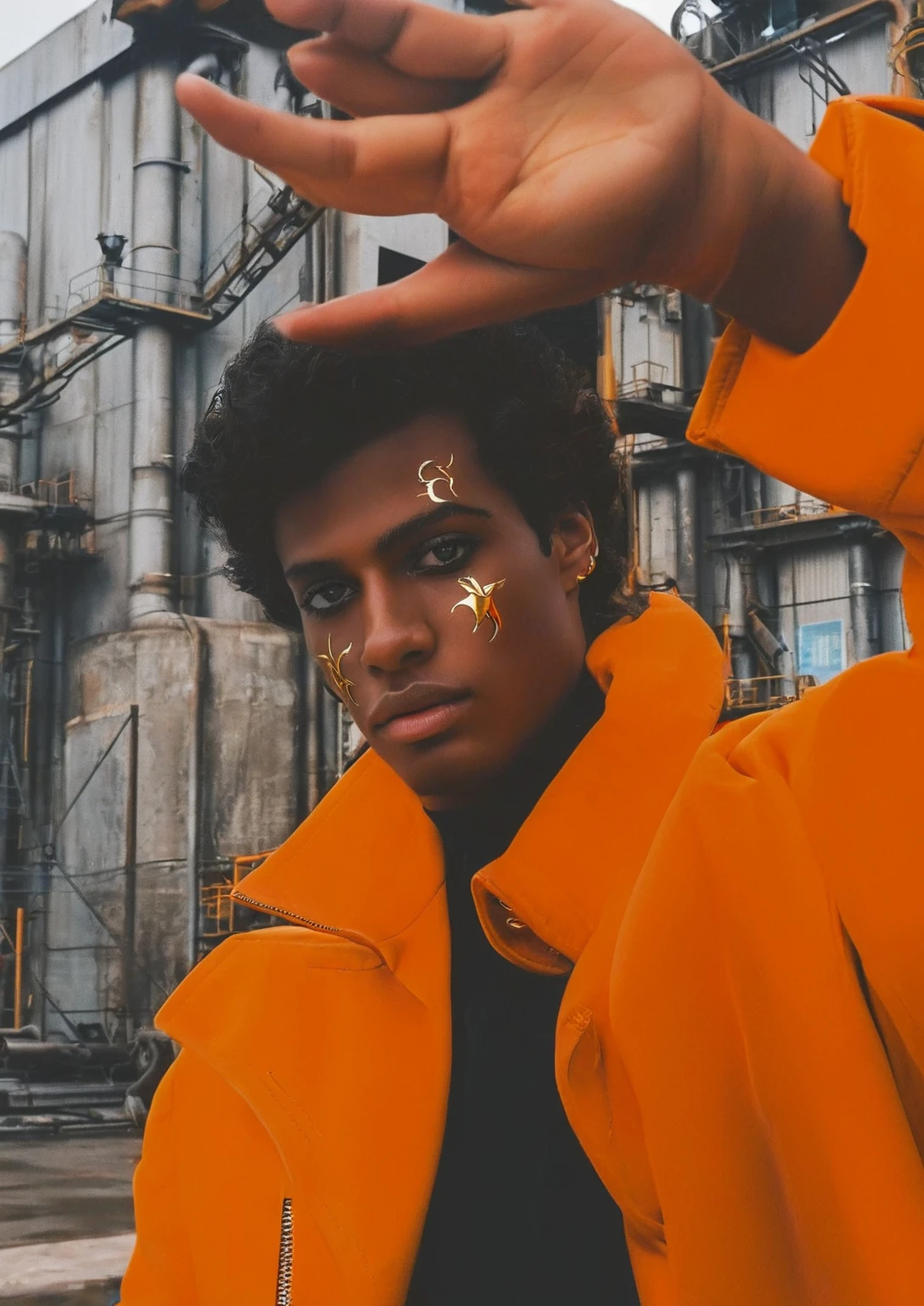 a young man with glowing red eyes and golden facial markings, dressed in an eye-catching orange coat that makes him stand out against the metallic and industrial background.