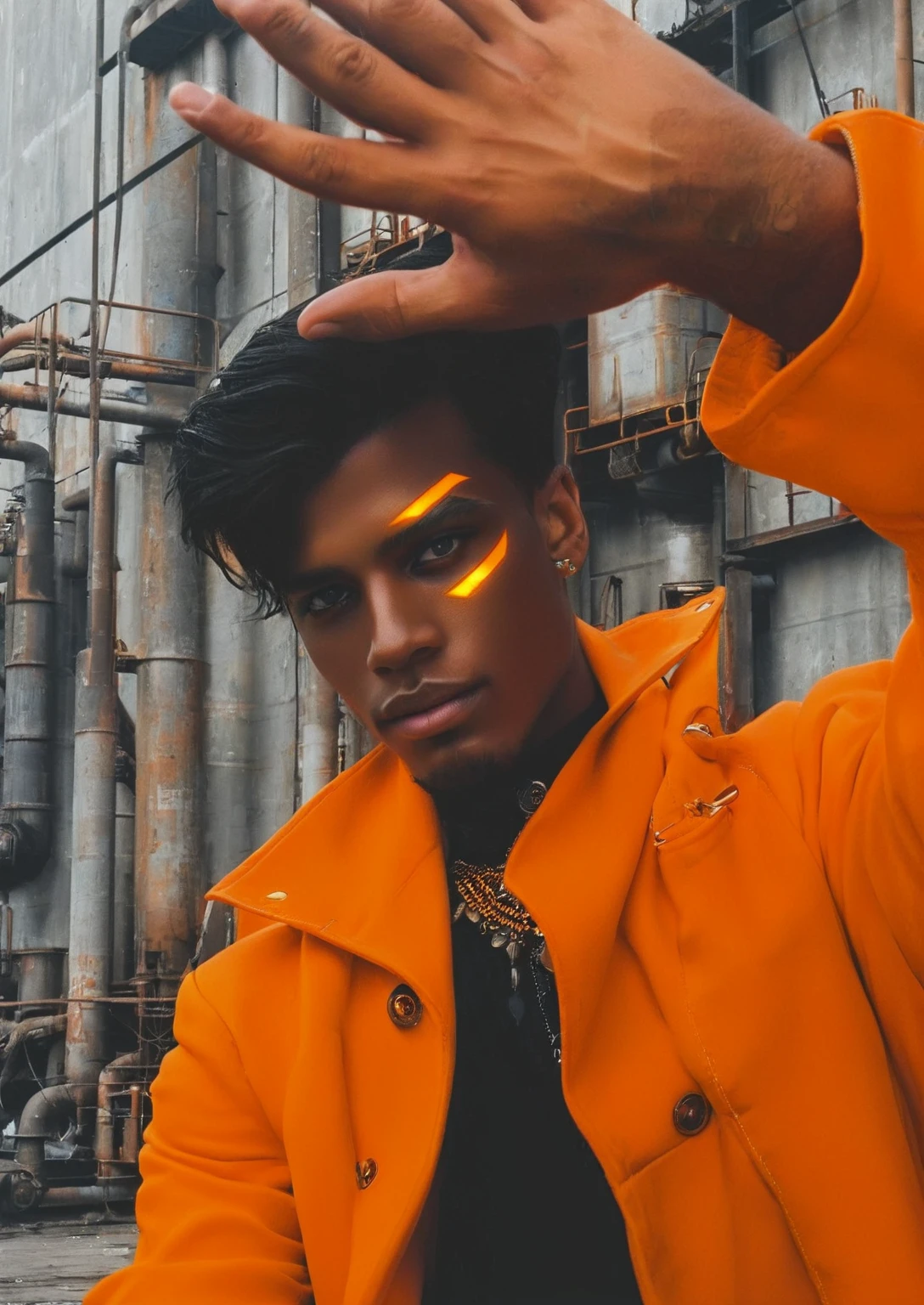 a young man with glowing red eyes and golden facial markings, dressed in an eye-catching orange coat that makes him stand out against the metallic and industrial background.