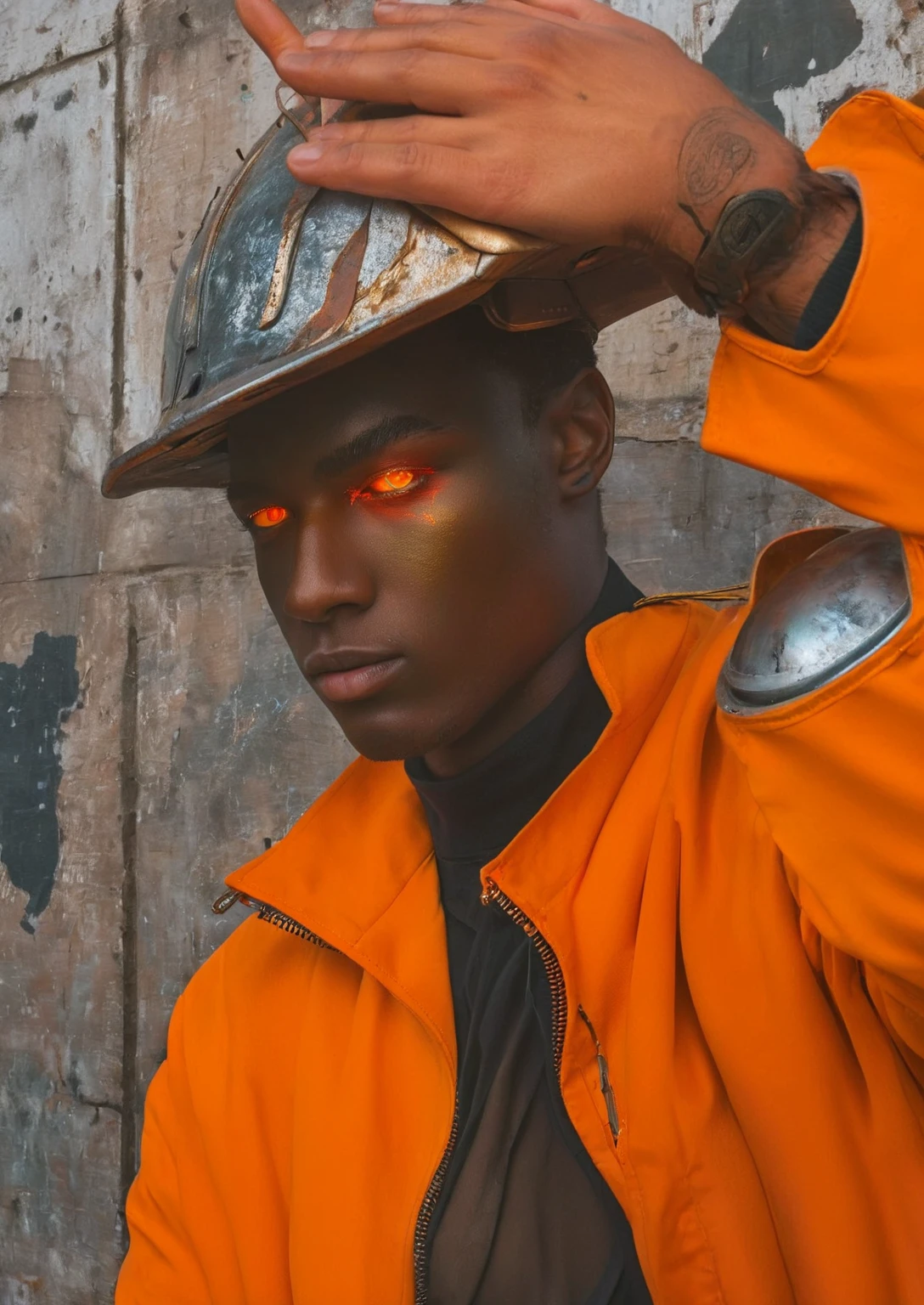 a young man with glowing red eyes and golden facial markings, dressed in an eye-catching orange coat that makes him stand out against the metallic and industrial background.