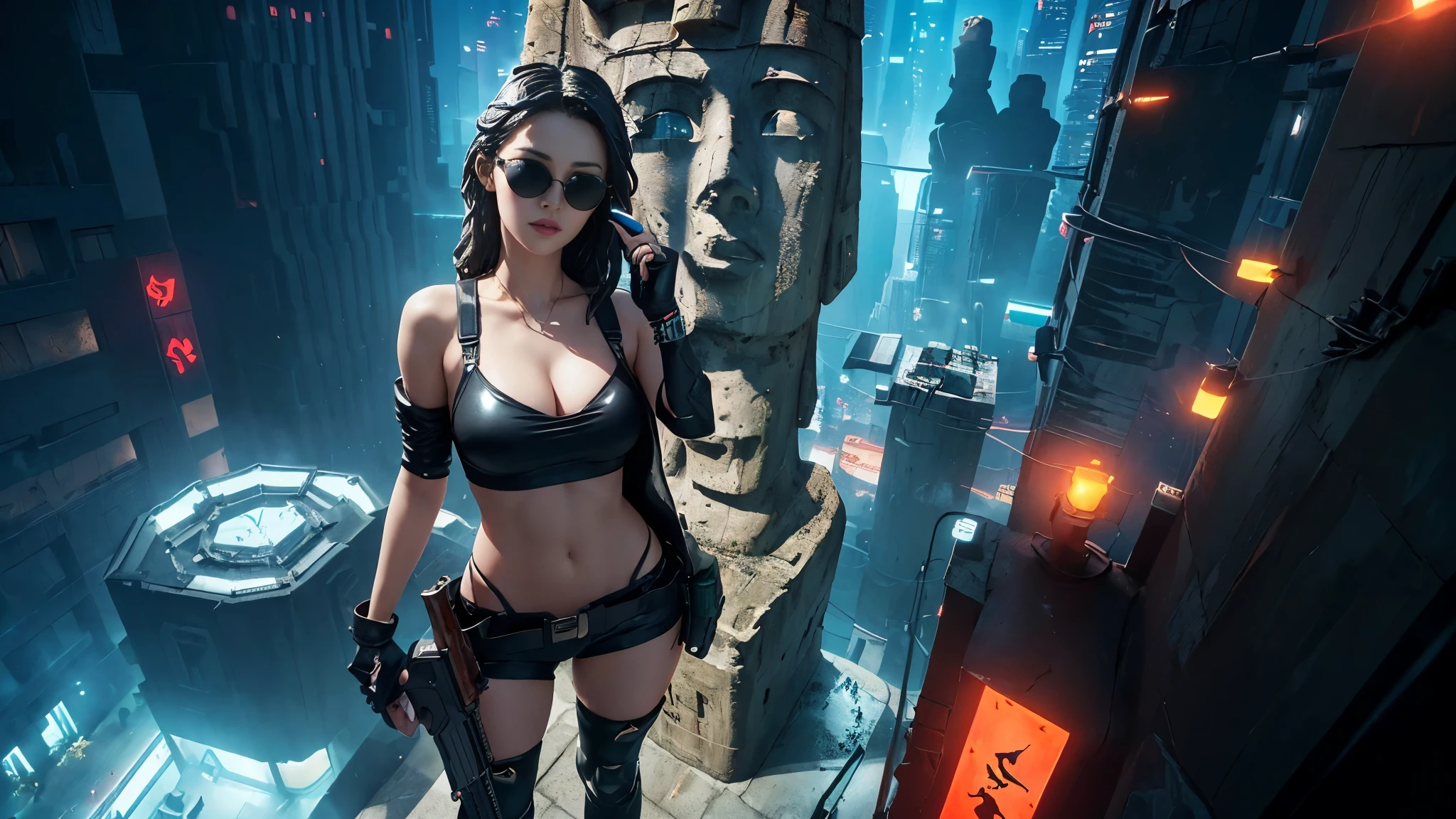 At night, dark sky, aerial view of fantasy cyberpunk style ((Moai-statue)) city, ((flying vehicle)). ((1girl, solo, alone)), photo realistic, medium-:1.1 slim body, cleava clothes, ack sunglasses), (((hip-up standing and pistol aiming pose))), half-body thigh level medium shot, cinematic lighting.