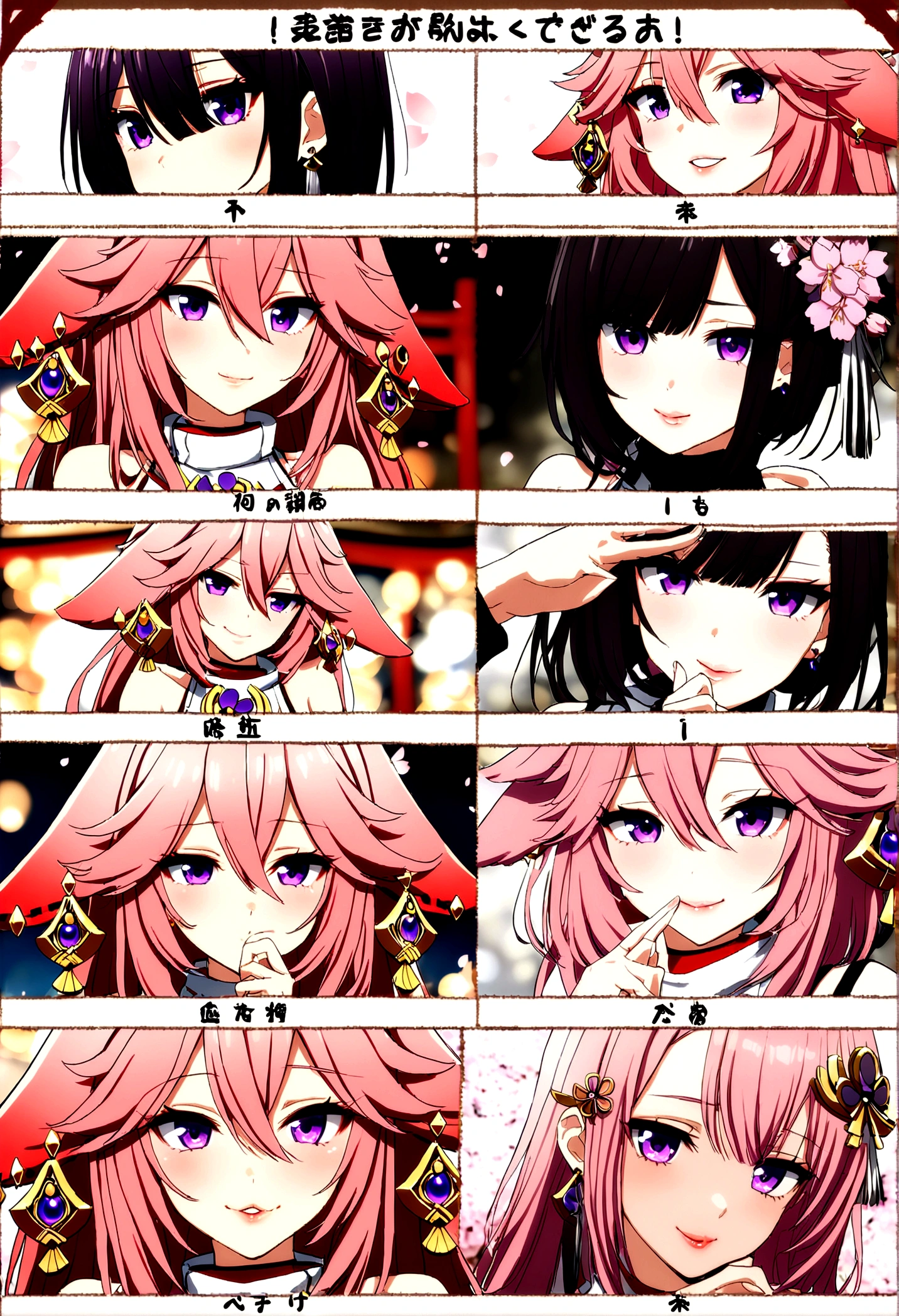 1 girl, (ulzzang-6500:0.7), kpop idol, Yae Miko, separate sleeves, bare shoulders, pink hair, wide, japanese clothes, Best Quality, (chart:1.5), (hair ornament:1.35), jewelry, purple eyes, earrings, old, Torii, Cherry blossoms, flashlight light, depth of field, detailed face, facial focus, Love_cut, (looking at the viewer:1.25), non-traditional miko, shiny skin, long sleeves, SMILE, thick lips, CG game, hands on lips, east asian architecture, (blurred background:1.2), session, Upper part of the body,