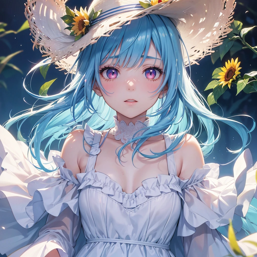 Sky blue hair,braid,(Pink Eyes),Fair skin ,(whole body),(One girl),buzzer,Sunflower field,White dress,blunt bangs,Wiping away sweat,wink,Straw hat,(masterpiece, Highest quality, Very detailed, Best Shadow), (Detailed Background), (Beautifully detailed face), High Contrast, (Best lighting, Very delicate and beautiful), ((Cinematic Light)), colorful, Hyper Detail, Dramatic Light, Intricate details,buzzerの暑い日差し,