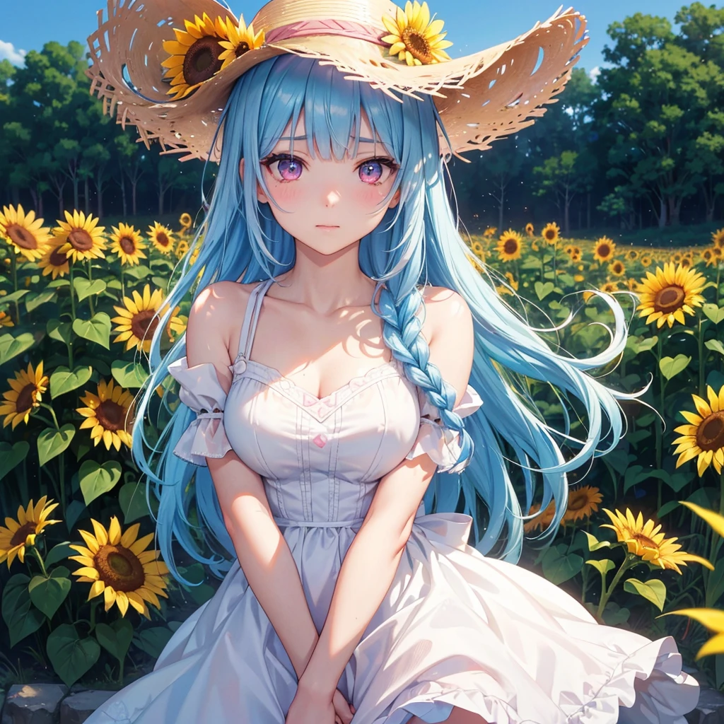 Sky blue hair,braid,(Pink Eyes),Fair skin ,(whole body),(One girl),buzzer,Sunflower field,White dress,blunt bangs,Wiping away sweat,wink,Straw hat,(masterpiece, Highest quality, Very detailed, Best Shadow), (Detailed Background), (Beautifully detailed face), High Contrast, (Best lighting, Very delicate and beautiful), ((Cinematic Light)), colorful, Hyper Detail, Dramatic Light, Intricate details,buzzerの暑い日差し,