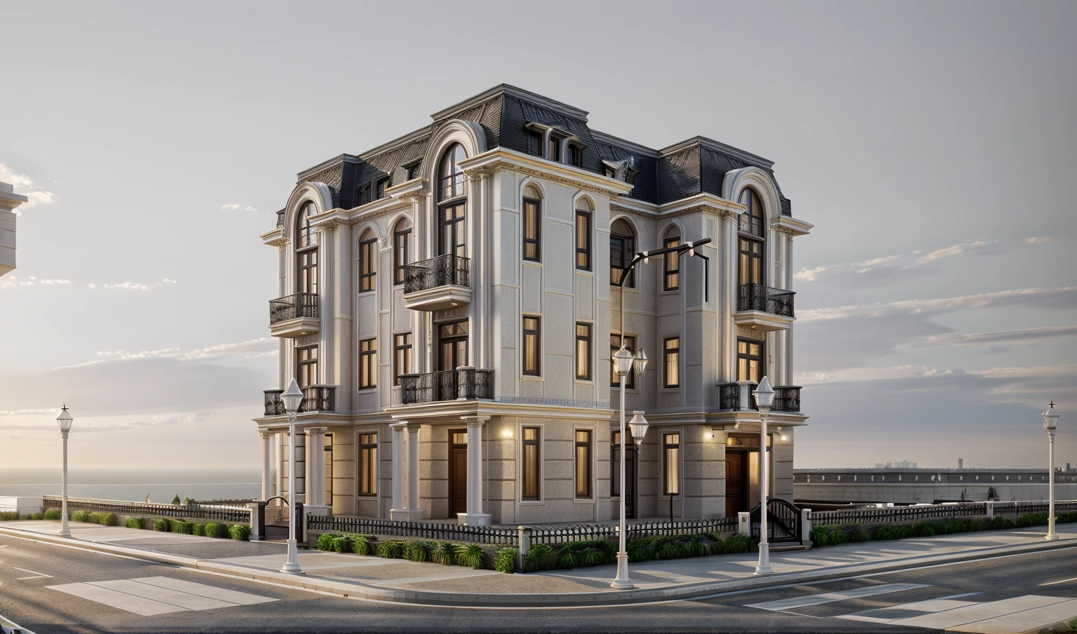 RAW photo, masterpiece, arafed house with a car parked in front of it, neo - classical style, rendered in lumion pro, classicism style, classicism artstyle, lumion render, rendered in lumion, architectural visualization, neoclassical style, in style of classicism, white light sun, rendered in vray, rendered in v-ray, rendered in unreal engine 3d, (photorealistic:1.2), best quality, ultra high res, exterior, architechture,modern house,(white wall:1.5), (detail gate black:1.4), (photorealistic:1.5), best quality, ultra high res, exterior,architechture,neoclassic house,(white wall:1.2), (detailed reliefs:1.2), (The front 1st floor has 4 windows), (the right side 1st floor has 4 windows), (the main side has three-step stairs), (the right side has three-step stairs) ,glass windows,,trees,traffic road, blue sky,in the style of realistic hyper-detailed rendering, luxury neoclassical villa, in the style of neoclassical scene, glass windows, (white navy roof:1.2), best quality, (straight strokedetail:1.1) roof top, (Intricate lines:1.5), ((Photorealism:1.5)),(((hyper detail:1.5))), archdaily, award winning design, (dynamic light:1.3), (night light:1.2), (perfect light:1.3), (shimering light :1.4),  refection glass windows, (curved line architecture arch:1.2), trees, beautiful sky, photorealistic, FKAA, TXAA, RTX, SSAO, Post Processing, Post-Production, CGI, VFX, SFX, Full color,((Unreal Engine 5)), Canon EOS R5 Camera + Lens RF 45MP full-frame CMOS sensor, HDR, Realistic,8k,((Unreal Engine 5)), Cinematic intricate detail, extreme detail, science, hyper-detail, FKAA, super detail, super realistic, crazy detail, intricate detail, nice color grading, reflected light on glass, eye-catching wall lights, unreal engine 5, octane render, cinematic, trending on artstation, High-fidelity, Viwvid, Crisp, Sharp, Bright, Stunning, ((Lifelike)), Natural, ((Eye-catching)), Illuminating, Flawless, High-quality,Sharp edge rendering, medium soft lighting, photographic render, detailed archviz