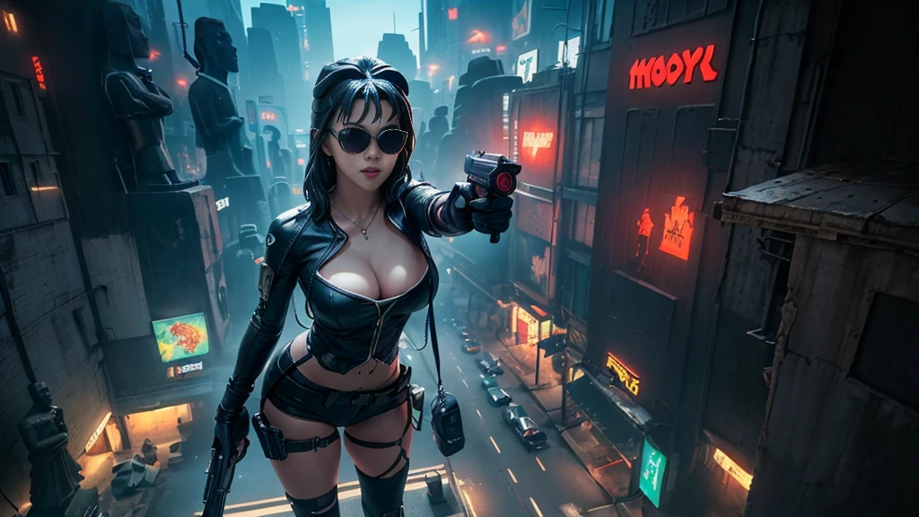 At night, dark sky, aerial view of fantasy cyberpunk style ((Moai-statue)) city, ((flying vehicle)). ((1girl, solo, alone)), photo realistic, medium-breast:1.1 slim body, cleavage, sexy clothes, (black sunglasses), (((hip-up standing and pistol aiming pose))), half-body thigh level medium shot, cinematic lighting.