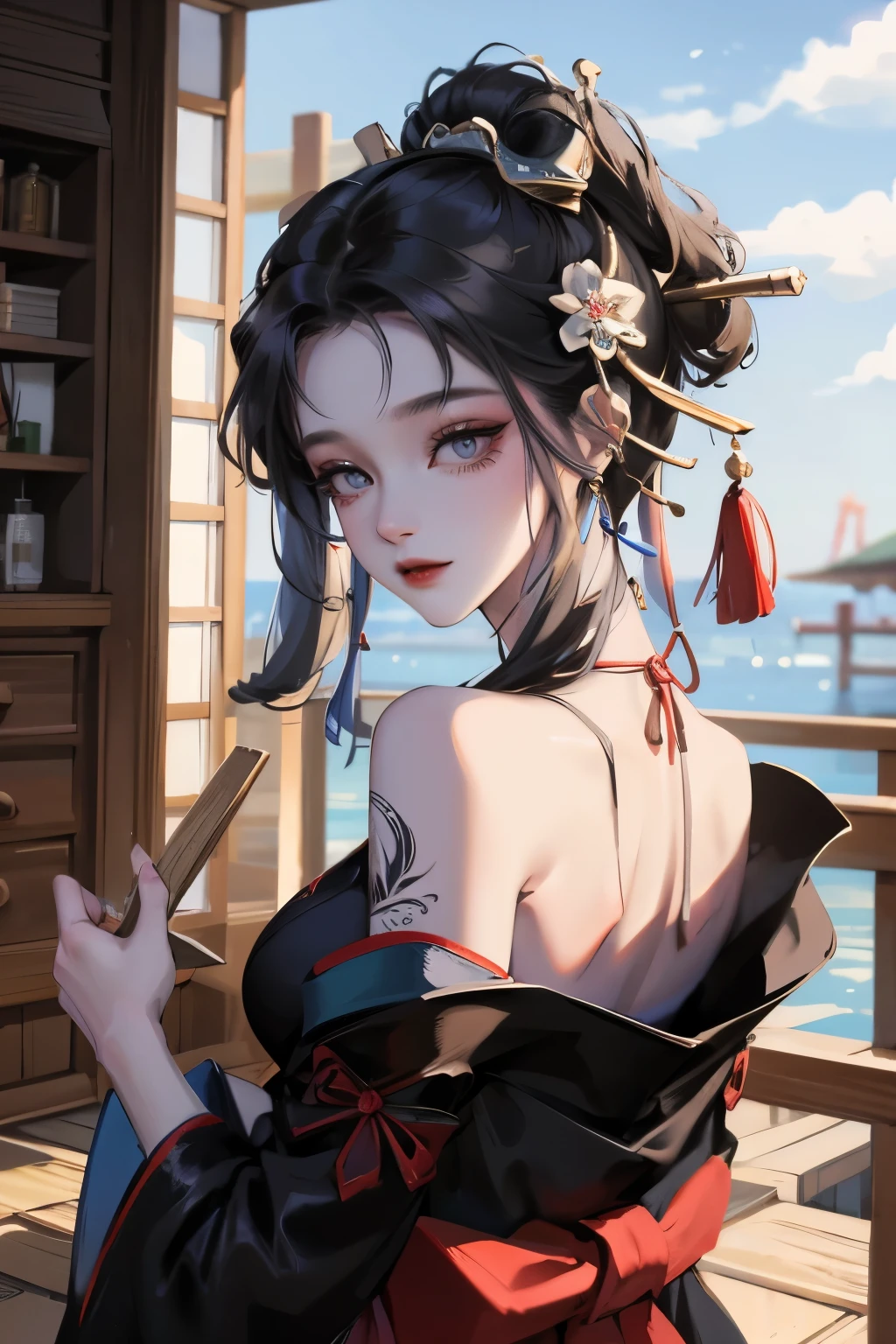 masterpiece, Top quality, best quality, Official Art, beautiful and aesthetic:1.2),1 Girl, Tattoo, Solitary, Japanese clothes, Red and black kimono, Hair accessories, unsheathing, Black Hair, sheath, back Tattoo, dragon Tattoo, blue eyes, Off-shoulder, Bare shoulders, look back, From the back, flower, Looking at the audience, Keep, cosmetic, outdoor,