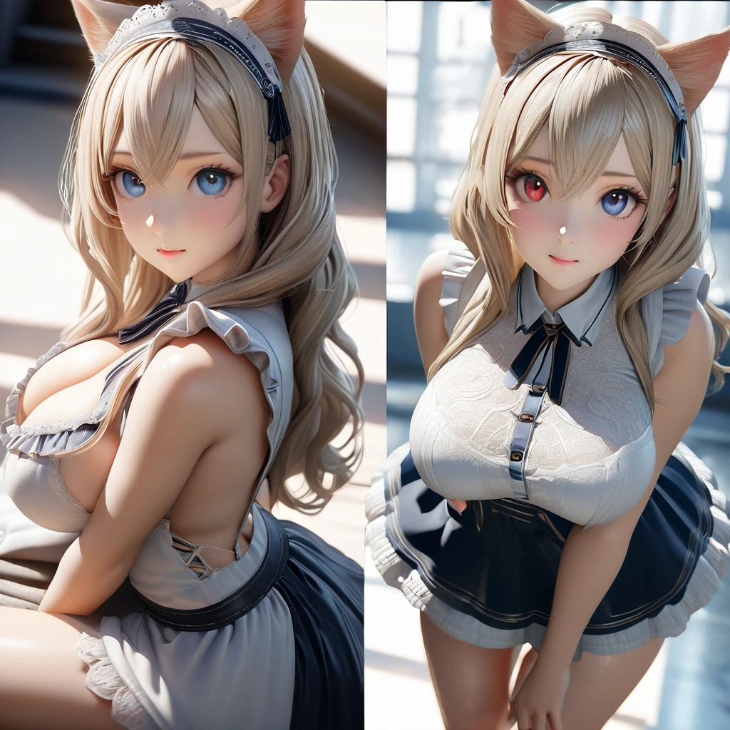 (masterpiece:1.3), (8K、best quality:1.3), Highest image quality, intricate details, high resolution, depth field, Natural light, professional lighting, (1 girl), (solo), gravure, (A very beautiful 18 year old British girl), (very beautiful:1.3), (very cute face:1.3), (Beautiful face with perfect symmetry), (high detail skin: 1.2), Photorealistic anime girl rendering, Realistic anime 3D style, beautiful platinum blonde hair, long hair, crossed bangs, asymmetrical bangs, eyelashes, intense red eyes, strong eye highlights, (awesome cat ears:1.3), very big breasts, perfect anatomy, I can see the whole body, (beautiful platinum blonde hairのミドルウェーブヘア), (beautiful blue eyes, Beautiful eyelashes、realistic eyes)), dynamic angle, ((perfect anatomy)), ((english maid, white frilled maid headband, ruffle blouse, ribbon tie, apron, navy blue skirt, silk socks, high heels)), ((silk lace panties, shiny thighs)), (Looking back, look up at the camera), it's raining, my body gets wet from the rain, Decadent and futuristic urban area in the evening, (cyberpunk city), (futuristic car, flashing red light), (lightning is shining), volume lighting, soft light, Bright colors, watercolor painting, bright colors, Create digital artwork in pop art style