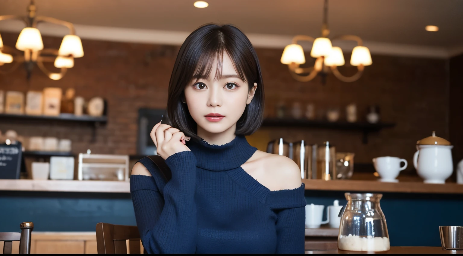 Photographed inside the cafe, Highest quality, (1 Female), Super detailed, In detail, High resolution, 8K quality, Perfect dynamic composition, Beautiful attention to detail, Natural Lip, Dark blue knit dress, Very short hair, Background of the café, Embarrassment