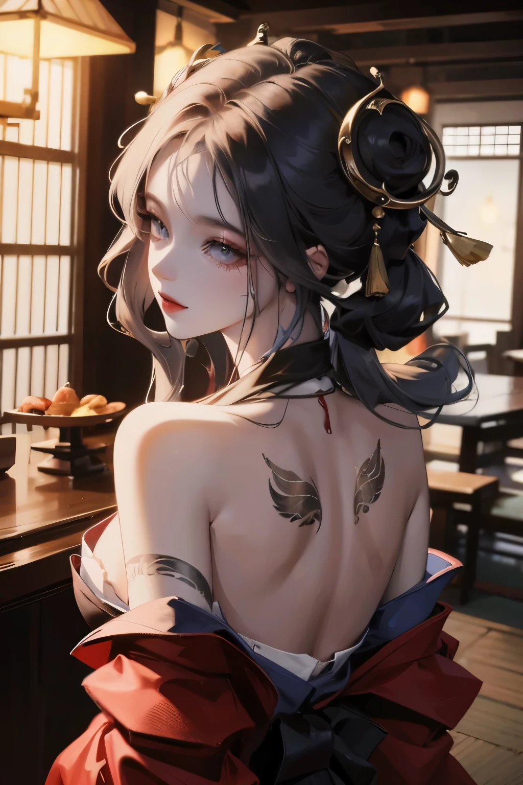 masterpiece, Top quality, best quality, Official Art, beautiful and aesthetic:1.2),1 Girl, Tattoo, Solitary, Japanese clothes, Red and black kimono, Hair accessories, unsheathing, Black Hair, sheath, back Tattoo, dragon Tattoo, blue eyes, Off-shoulder, Bare shoulders, look back, From the back, flower, Looking at the audience, Keep, cosmetic, outdoor,