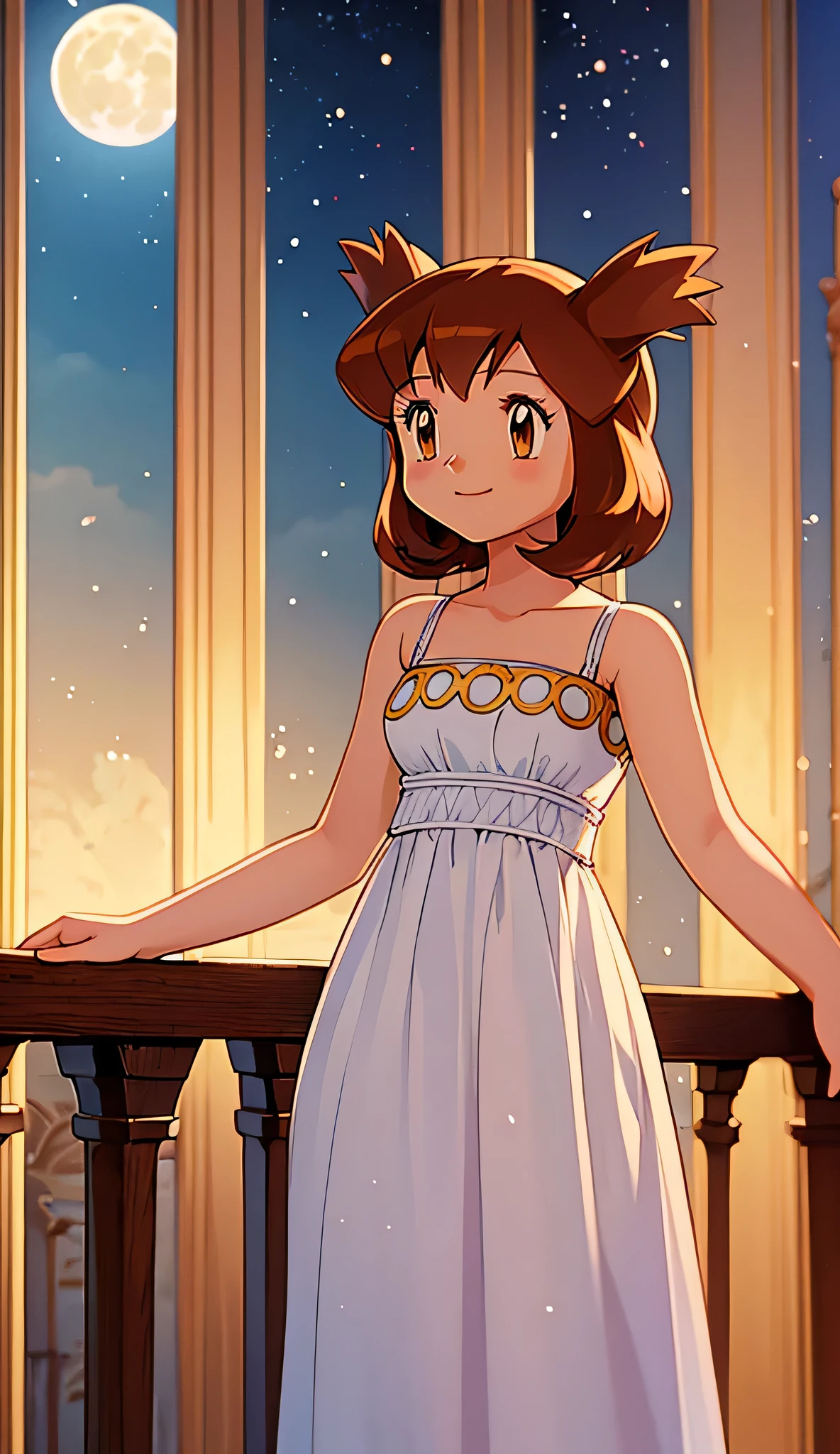 masterpiece, best quality, ultra-detailed, illustration, beautiful detailed eyes, very detailed illustration, cinematic lighting, 1 girl, solo, Pokemon Heroes (Bianca), Brown Hair, brown eyes, 1 girl, solo, princess serenity’s white maxi dress, full moon, mansion, anime screencap, high quality, light smile, standing, Looking at viewers
