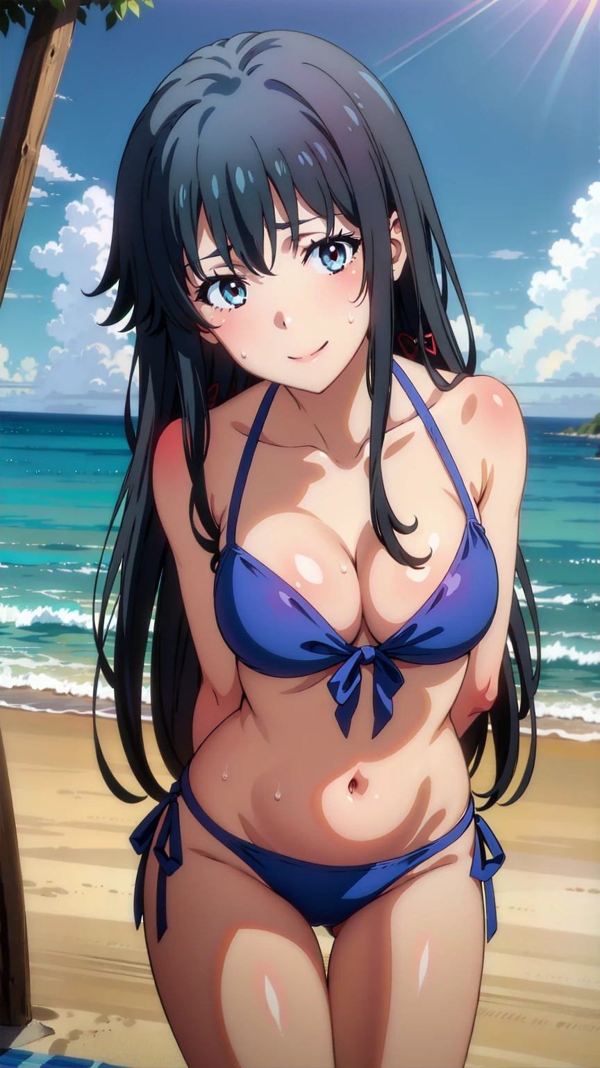 (yukinoshitaYukino:1.5),masterpiece, best quality, absurdres, 1girl, Smiling, looking at the viewer, blue theme, blue background, cloudy sky, sunlight, sweat, orgasmic, bikini swimsuit, medium breasts, cleavage, belly button exposed, collarbone, thighs, sea and beach,
