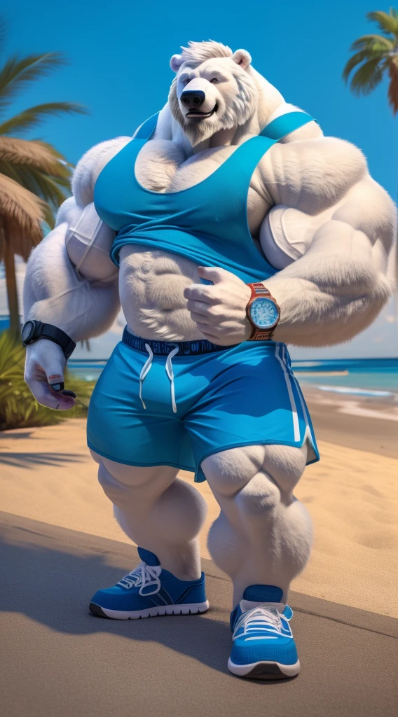 huge muscular polar bear in street city, big smile, polar bear, huge white fur, thick arm, huge arm, bearded. white hair and beard, bearded, (muscular, pectoral, wide pectoral, thick arms), beach, palm, realistic, 8k, masterpiece, (wearing blue gym shorts, wristbands, watch and tank top, gym shoes)