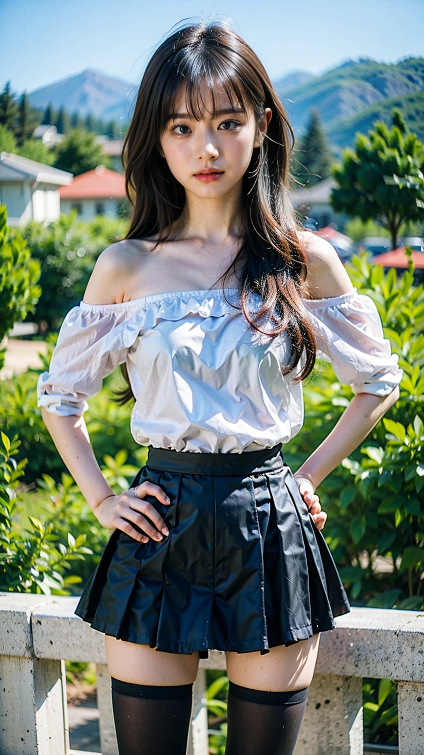 (8K、RAW Photos、Highest quality、masterpiece:1.2)、(Highest quality、Realistic)、1 Girl、((Frills、See-through、Off the shoulder、tights、black and white mini skirt、Thin legs、whole body、boots、garden、View from the front、Looking into the camera、Idol Costume、、Stand with hands on hips))、cute