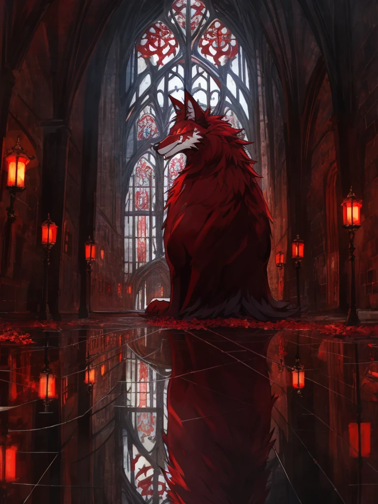 sclera,red iris,Illustration of many red wolves,,Lights and reflections, heavily clouded, Architecture of medieval Europe, Glazed tiles,Hell version of the background