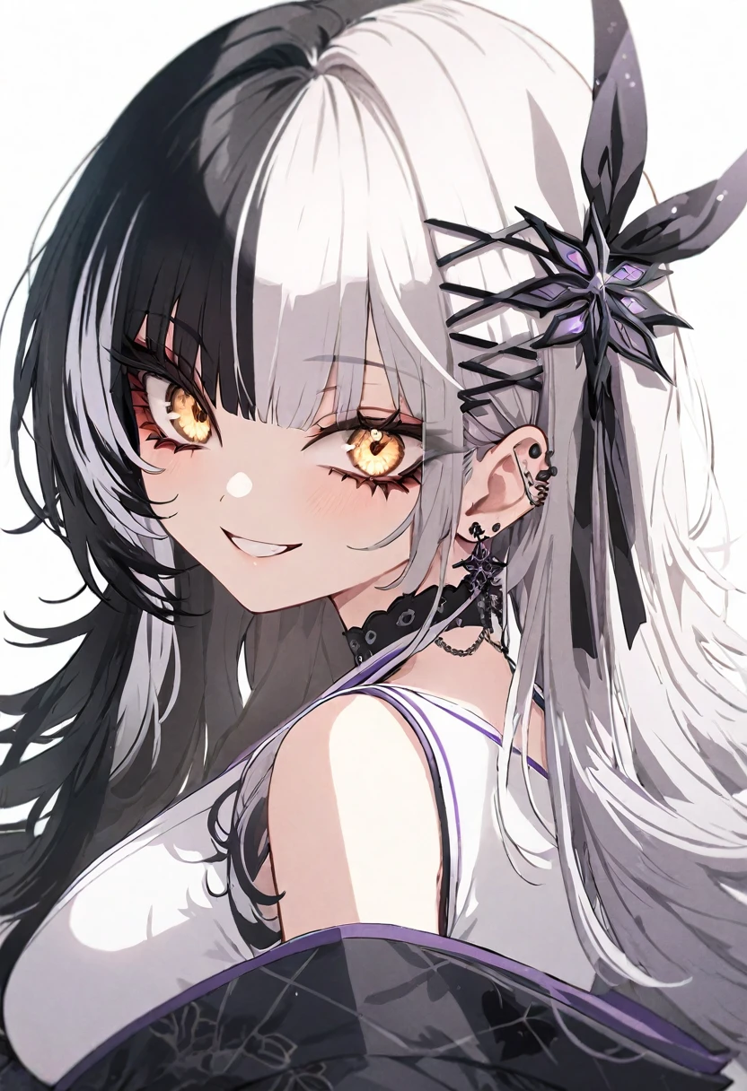 (muste piece), (best quality), very detailed eyes, expressive eyes, perfect face, very detailed face, highly detailed face, beautiful girl, 8K, beautiful girl, white background, delicate and beautiful face and eyes, dark intense shadow,
1 girl, vtuber style, cool girl, hololive, shiori_novella, two-toned hair, multicolored hair, black hair, white hair, split-color hair,x hair ornament, yellow eyes, kimono, big chest, clavicle, one eye close winking, smile, (whole body), standing, from back, looking back, sunrsing,