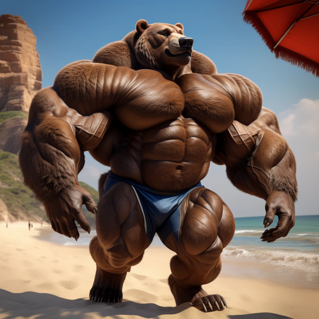 realistic, hyper realistic, detailed muscle,(furry brown grizzly bear), good anatomy, masterpiece, art winner, beach, extremely huge muscular, massive muscular, full-body, well-muscled old man. Running around the beach. ((extremely muscle size, super thick arms, huge pec, extremely wide pectoral, brown fur, huge arms)). and add details to make it attractive and interesting. Add textures and details to make the image more realistic, Make sure the resulting image is high resolution, 8K quality."