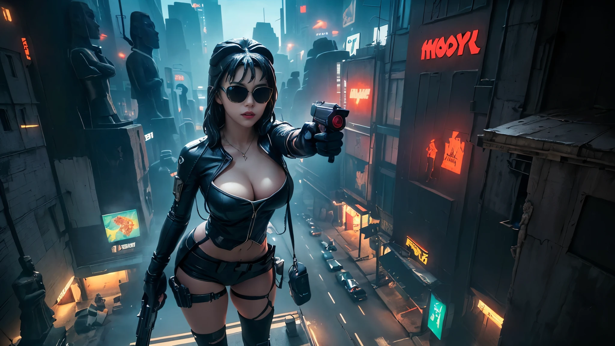 At night, dark sky, aerial view of fantasy cyberpunk style ((Moai-statue)) city, ((flying vehicle)). ((1girl, solo, alone)), photo realistic, medium-breast:1.1 slim body, cleavage, sexy clothes, (black sunglasses), (((hip-up standing and pistol aiming pose))), half-body thigh level medium shot, cinematic lighting.