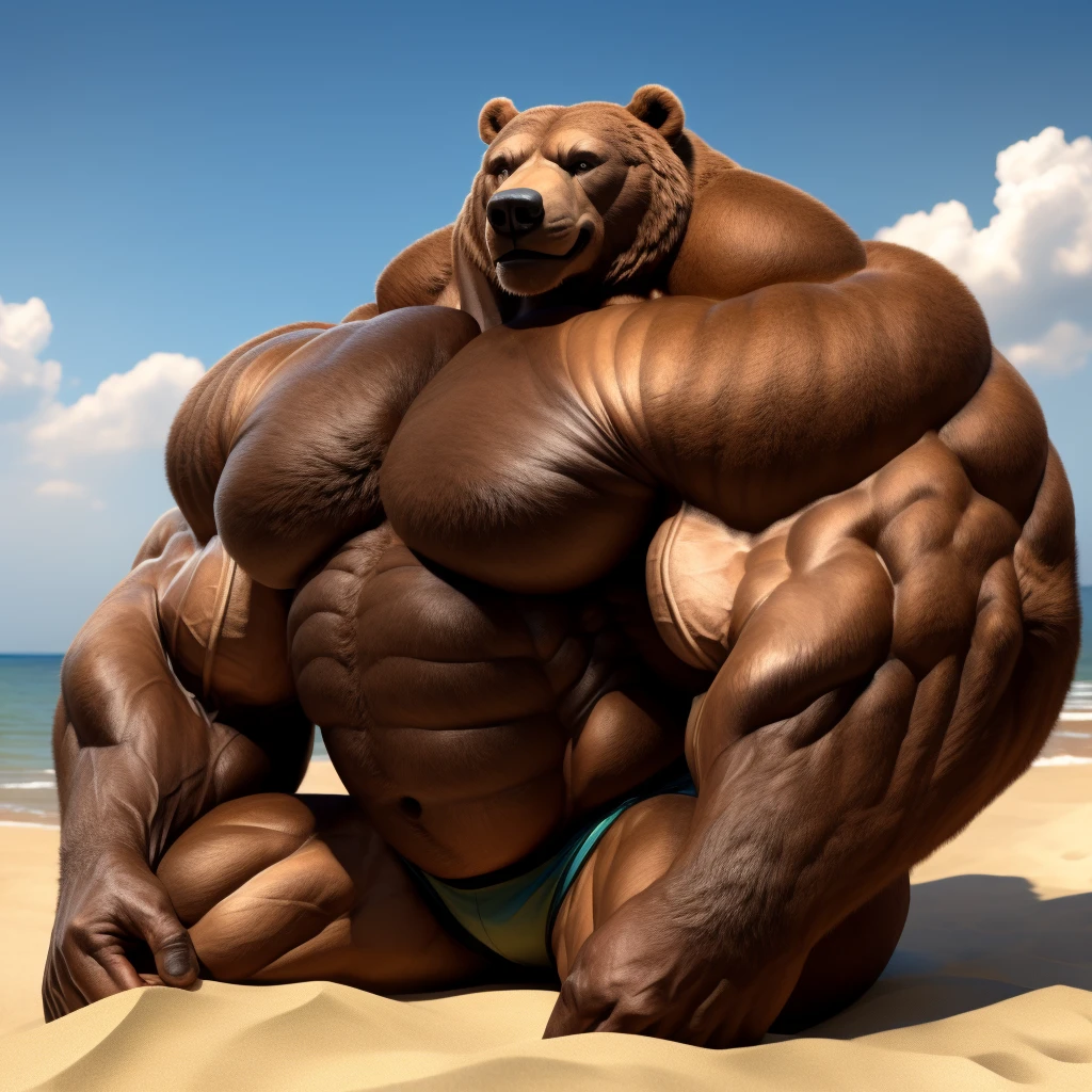 realistic, hyper realistic, detailed muscle,(furry brown grizzly bear), good anatomy, masterpiece, art winner, beach, extremely huge muscular, massive muscular, full-body, well-muscled old man. ((extremely muscle size, super thick arms, huge pec, extremely wide pectoral, brown fur, huge arms)). and add details to make it attractive and interesting. Add textures and details to make the image more realistic, Make sure the resulting image is high resolution, 8K quality."