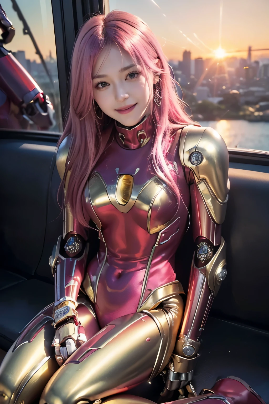 (8K, top-quality, masterpiece:1.2), (reallistic, Photorealsitic:1.37), Super Detail, One girl,), (Highly detailed), (beautifully detailed eyes), (of the highest quality), (super detailed ), (masterpiece), (Detailed face),20yr old, ,1 girl, ((pink hair,long hair)), medium breasts, clothed, Perfect Lighting, BREAK, (metallic red and gold:1.2), (robot suit:1.5), (outerwear with shoulder and chest details:1.3), (tight innerwear with high neck:1.3), (bodysuit:1.3), (boots:1.3), (metallic accessories:1.3), (woman:1.2), (1 girl:1.2), BRAKE, (upper body to thighs:1.2), (pink long hair:1.2), (smiling:1.2), (facing forward:1.2), (seiza:1.3), (future city:1.2), (backlit by sunset:1.2)
