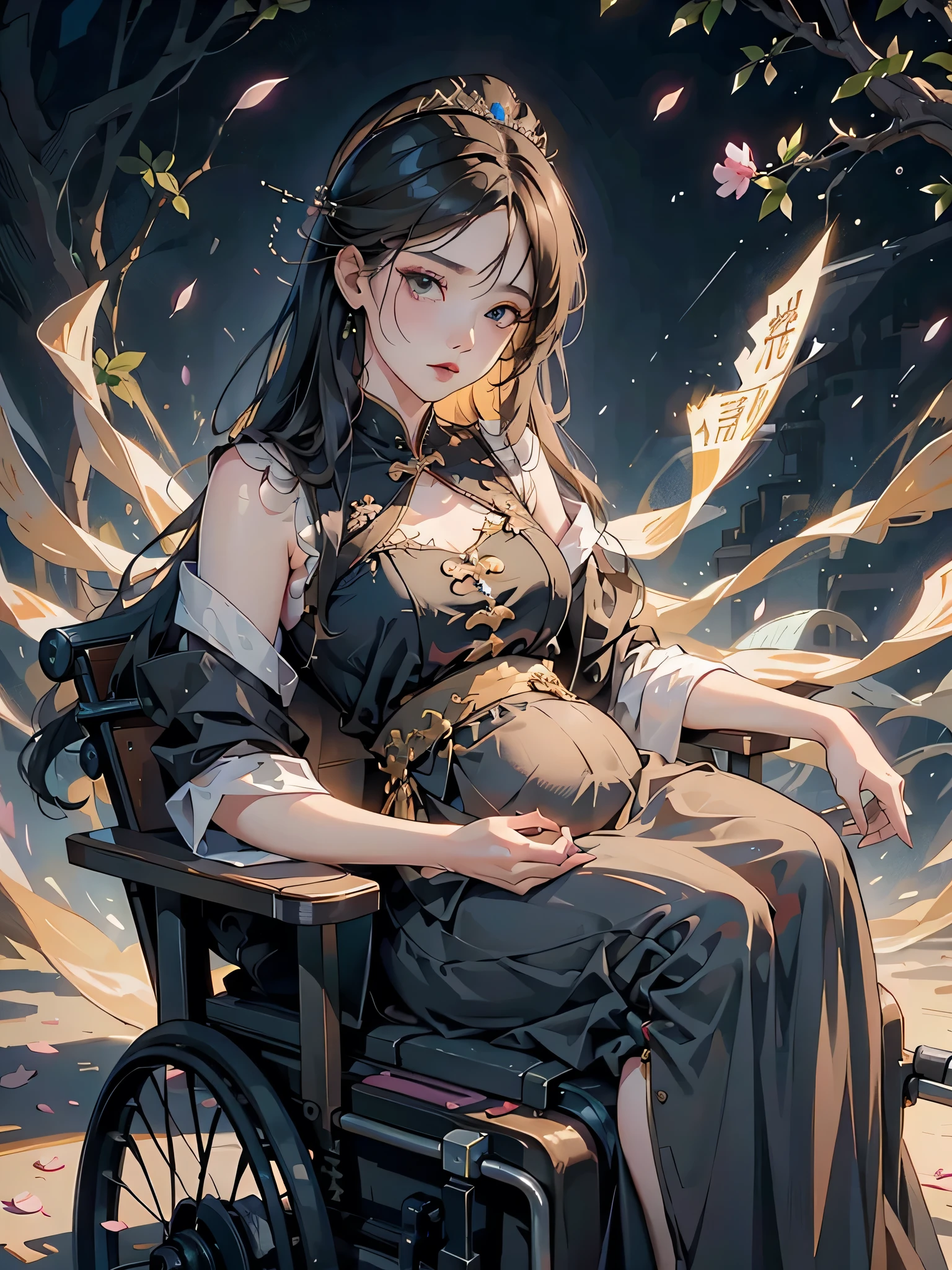 In a wooden wheelchair,Pregnant,Chinese dress, slim , Black skirt,dynasty, White top, blacksole,(Surrealism) , (illustration), (Improve resolution), (8K), (original photo,Best quality),(Realistically,Photo-realistic:1.3),Best quality,Very detailed,masterpiece,Ultra Detail,( wallpaper), (Delicate face), Solitary,1 Girl,Very detailed,Dynamic Angle,Cowboy shooting,The most beautiful form of chaos,elegant,Brutalist design,Bright colors,goddess,Model Diagram,Costume,Best quality,Extremely fine jewelry,Peony petals,landscape,Rios|purely,Not suitable for working hours,
