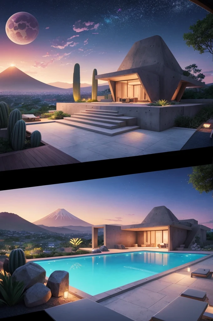 anime (best-quality:0.8), (best-quality:0.8), perfect anime illustration, we've been trying to reach you about your cars extended warranty, An illustration in collage style, with giant boulders, brutalist building sections, terraces, stairs, cacti, agave, concrete texture, multiple geometric shapes, hatch and cross hatching, planet saturn, volcano, moon, Luis Barragán's architectural style build, milky way galaxy, violet, one motorcycle, An illustration in collage style, with giant boulders, brutalist building sections, stairs, cacti, agave, concrete texture, multiple geometric shapes, hatch and cross hatching, planet saturn, volcano, moon, Luis Barragán's architectural style build, reflective pool, terraces. An elegant and modern build, in top of big boulders, with terraces, materials concrete, wood, steel and crystal, various gardens with tropical vegetation, cacti and rocks, stairs, a pool. In middle of sea, a big wave near, sunset, mountains and a volcano in the horizont, cute islands around, illustration format, cute color palette, detailed, masterpiece, award-winning work A 1999 Nissan GTR in Tron form r34 horizonte Lamborghini under a pink and purple sky, an anime drawing by Makoto Shinkai, trending on pixiv, magical realism, beautiful anime scene, cosmic skies. by makoto shinkai, ( ( makoto shinkai ) ), by makoto shinkai, anime background art, style of makoto shinkai