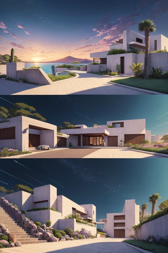 anime (best-quality:0.8), (best-quality:0.8), perfect anime illustration, we've been trying to reach you about your cars extended warranty, An illustration in collage style, with giant boulders, brutalist building sections, terraces, stairs, cacti, agave, concrete texture, multiple geometric shapes, hatch and cross hatching, planet saturn, volcano, moon, Luis Barragán's architectural style build, milky way galaxy, violet, one motorcycle, An illustration in collage style, with giant boulders, brutalist building sections, stairs, cacti, agave, concrete texture, multiple geometric shapes, hatch and cross hatching, planet saturn, volcano, moon, Luis Barragán's architectural style build, reflective pool, terraces. An elegant and modern build, in top of big boulders, with terraces, materials concrete, wood, steel and crystal, various gardens with tropical vegetation, cacti and rocks, stairs, a pool. In middle of sea, a big wave near, sunset, mountains and a volcano in the horizont, cute islands around, illustration format, cute color palette, detailed, masterpiece, award-winning work A 1999 Nissan GTR in Tron form r34 horizonte Lamborghini under a pink and purple sky, an anime drawing by Makoto Shinkai, trending on pixiv, magical realism, beautiful anime scene, cosmic skies. by makoto shinkai, ( ( makoto shinkai ) ), by makoto shinkai, anime background art, style of makoto shinkai
