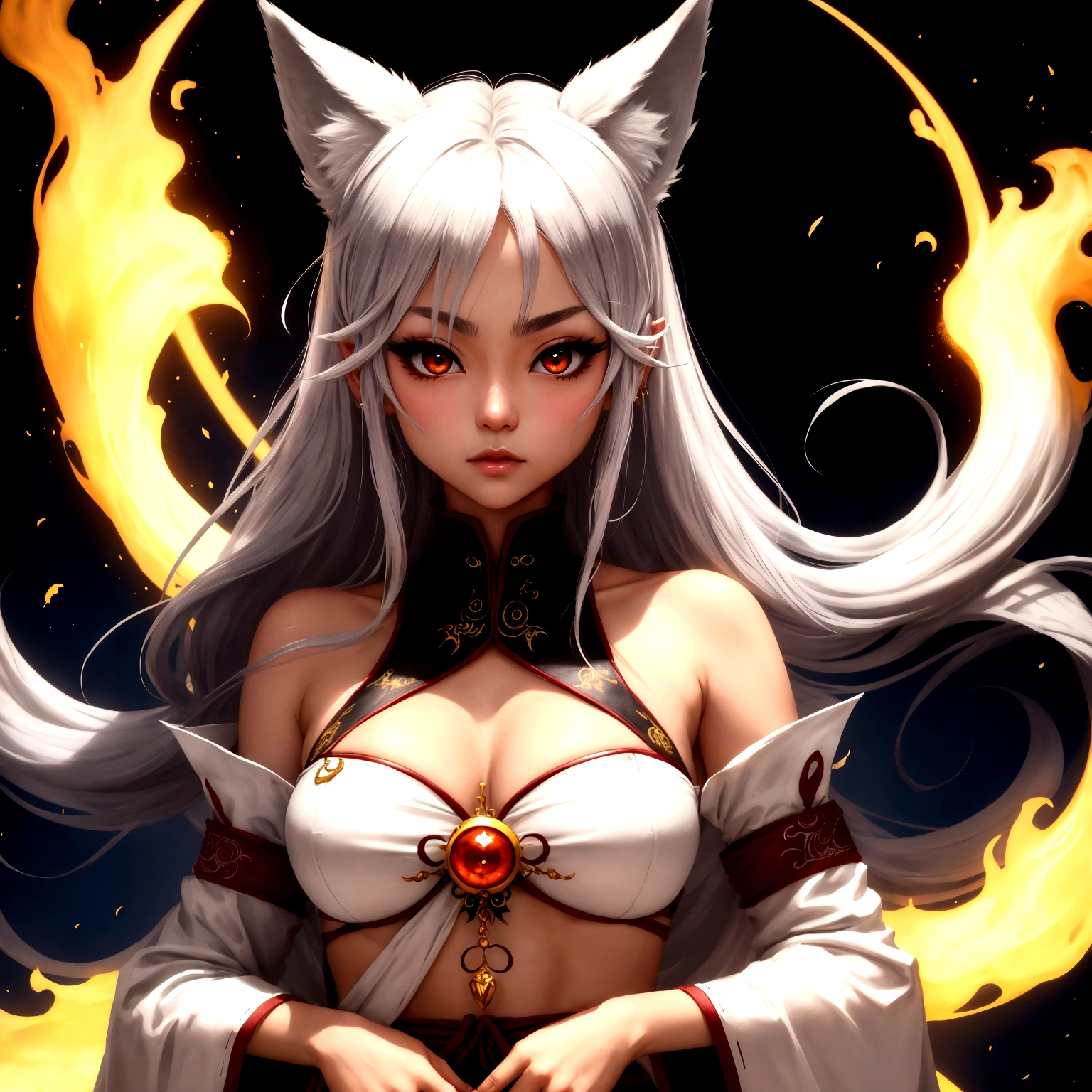 (Yoko Kurama):hairs: long and silver.
eyeballs: golden.
ears: Pointy.
Tailpussy: It has a fox tail.
badass clothing: Wears traditional clothing from the Demon World, which include a flowing white tunic.
Height: Taller and with a more imposing presence than in human form.