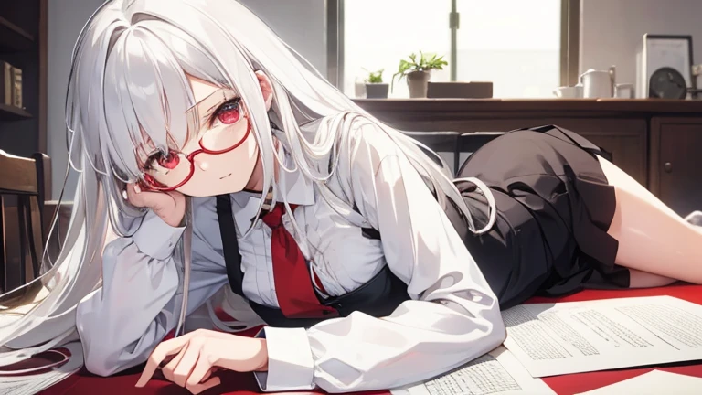 Super delicate white-haired cute girl, 1 Girl, Small Breasts, Long hair, curls, Red Eye, Wearing glasses , Researcher ,Lying on the table ,sleepy