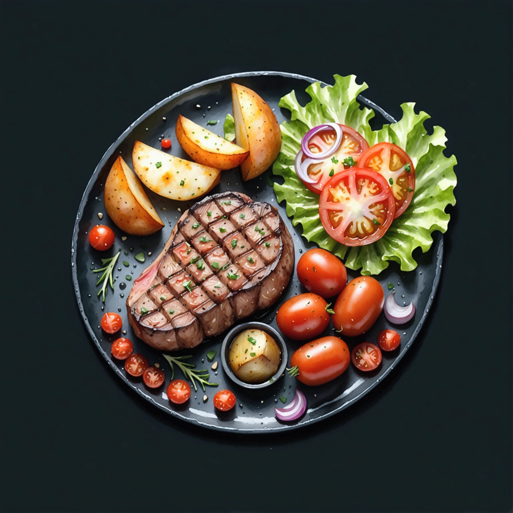 there is a delicious tenderloin steak and baked potatoes served on a hot black plate with slices of baked tomatoes and some green lettuce vegetables, illustration, isolated with solid white background, surrounded with negative space, centered compositon, 8k, highest detailed painting, very precise painting, Isolated, clear brilliant white background, perspective angle of view, cartoon style, ((watercolor)),