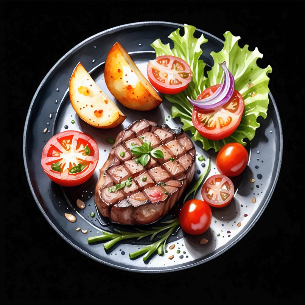 there is a delicious tenderloin steak and baked potatoes served on a hot black plate with slices of baked tomatoes and some green lettuce vegetables, illustration, isolated with solid white background, surrounded with negative space, centered compositon, 8k, highest detailed painting, very precise painting, Isolated, clear brilliant white background, perspective angle of view, cartoon style, ((watercolor)),